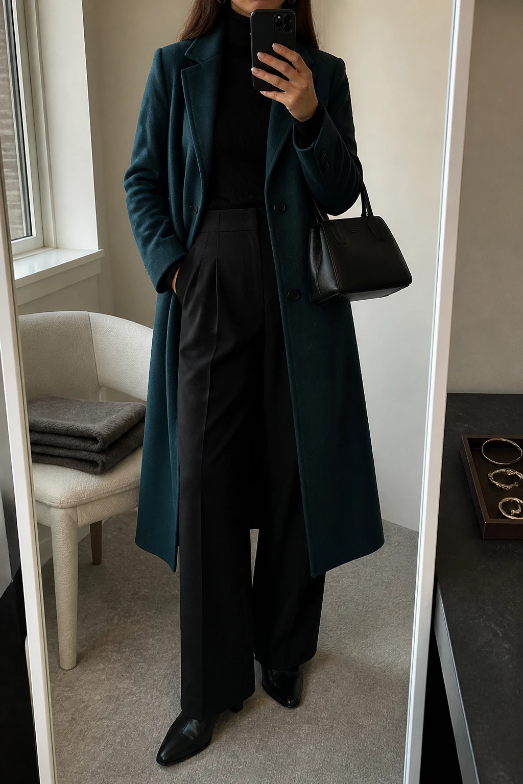 Image Prompt: Mirror selfie of a woman wearing a long deep blue-based teal single-breasted tailored wool coat over a black fitted cashmere turtleneck sweater, black high-waisted wide-leg wool trousers, black leather pointed-toe ankle boots with low block heels, a structured black leather handbag, and small silver hoop earrings, holding a phone in front of a mirror, cropped at the NECK so the face does not show, with a relaxed casual selfie pose, in a minimal dressing room, soft natural window light, a folded blanket on a chair and a jewelry tray on the vanity, realistic deep teal wool fabric, natural black trouser folds and rich cool-toned colors, latest iPhone photo quality, no additional clothing or accessories.