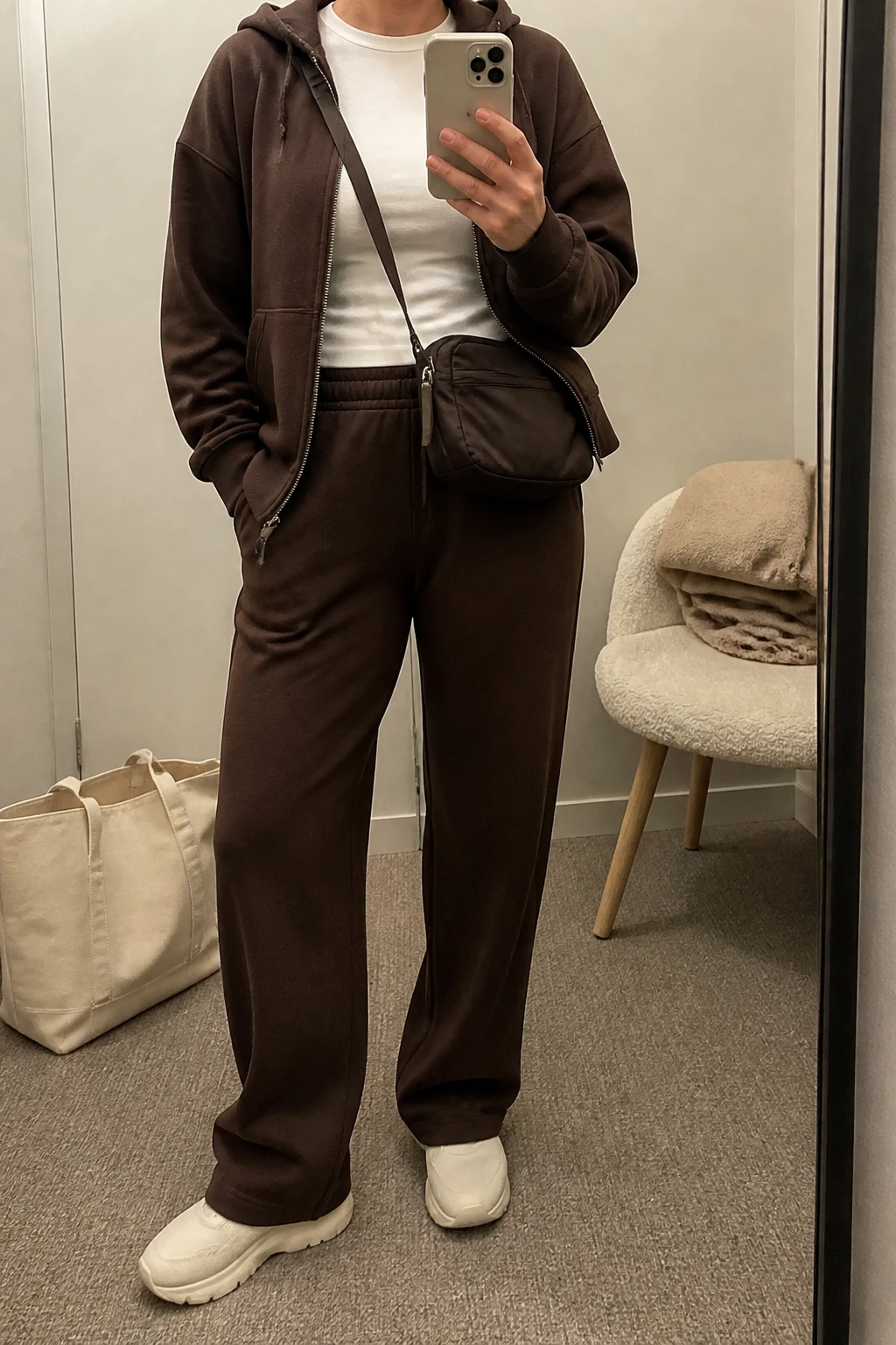 Image Prompt: Mirror selfie of a woman wearing a matching chocolate brown fleece travel set consisting of a relaxed zip-up hoodie and straight-leg jogger pants with an elastic waistband, a fitted white cotton crewneck T-shirt visible beneath the partly unzipped hoodie, cream cushioned slip-on sneakers, and a small dark brown nylon zippered crossbody bag, holding a phone in front of a mirror, cropped at the NECK so the face does not show, with a relaxed casual selfie pose, in a minimal dressing room, soft indoor lighting, a tote bag resting on the floor and a folded blanket on a chair, realistic chocolate fleece texture, natural cotton fabric and comfortable everyday styling, latest iPhone photo quality, no additional clothing or accessories.