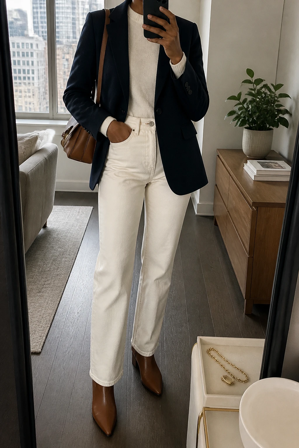 Image Prompt: Mirror selfie of a black woman wearing a navy tailored wool-blend single-breasted blazer over an ivory fitted cashmere crewneck sweater, winter-white high-waisted straight-leg denim jeans, cognac brown leather pointed-toe ankle boots with low block heels, and a structured tan leather shoulder bag, holding a phone in front of a mirror, cropped at the NECK so the face does not show, with a relaxed casual selfie pose, in a stylish city apartment, soft natural window light, a jewelry tray on the vanity and a small plant on a dresser, realistic navy wool blazer fabric, natural cream denim creases and polished casual proportions, latest iPhone photo quality, no additional clothing or accessories.