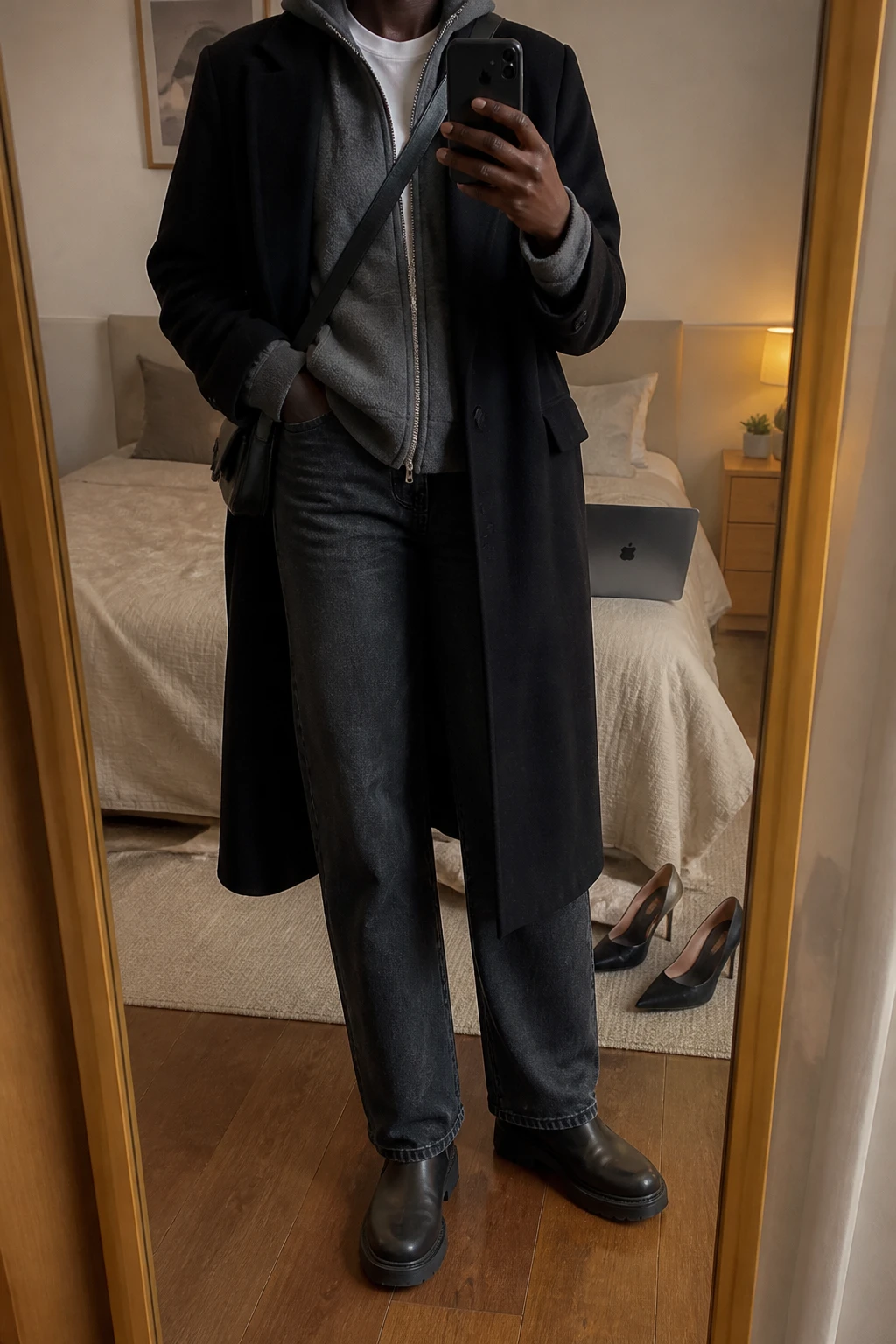 Image Prompt: Mirror selfie of a black woman wearing a long black single-breasted wool coat over a heather grey thick fleece zip-up hoodie, a white fitted cotton crewneck T-shirt showing beneath the partly unzipped hoodie, faded black straight-leg jeans, black leather chunky Chelsea boots with flat rubber soles, and a black nylon crossbody bag, holding a phone in front of a mirror, cropped at the NECK so the face does not show, with a relaxed casual selfie pose, in a cozy bedroom mirror setup, soft indoor lighting, a laptop on the bed and a pair of heels on the floor nearby, realistic hoodie layers, soft wool texture and casual proportions, latest iPhone photo quality, no additional clothing or accessories.