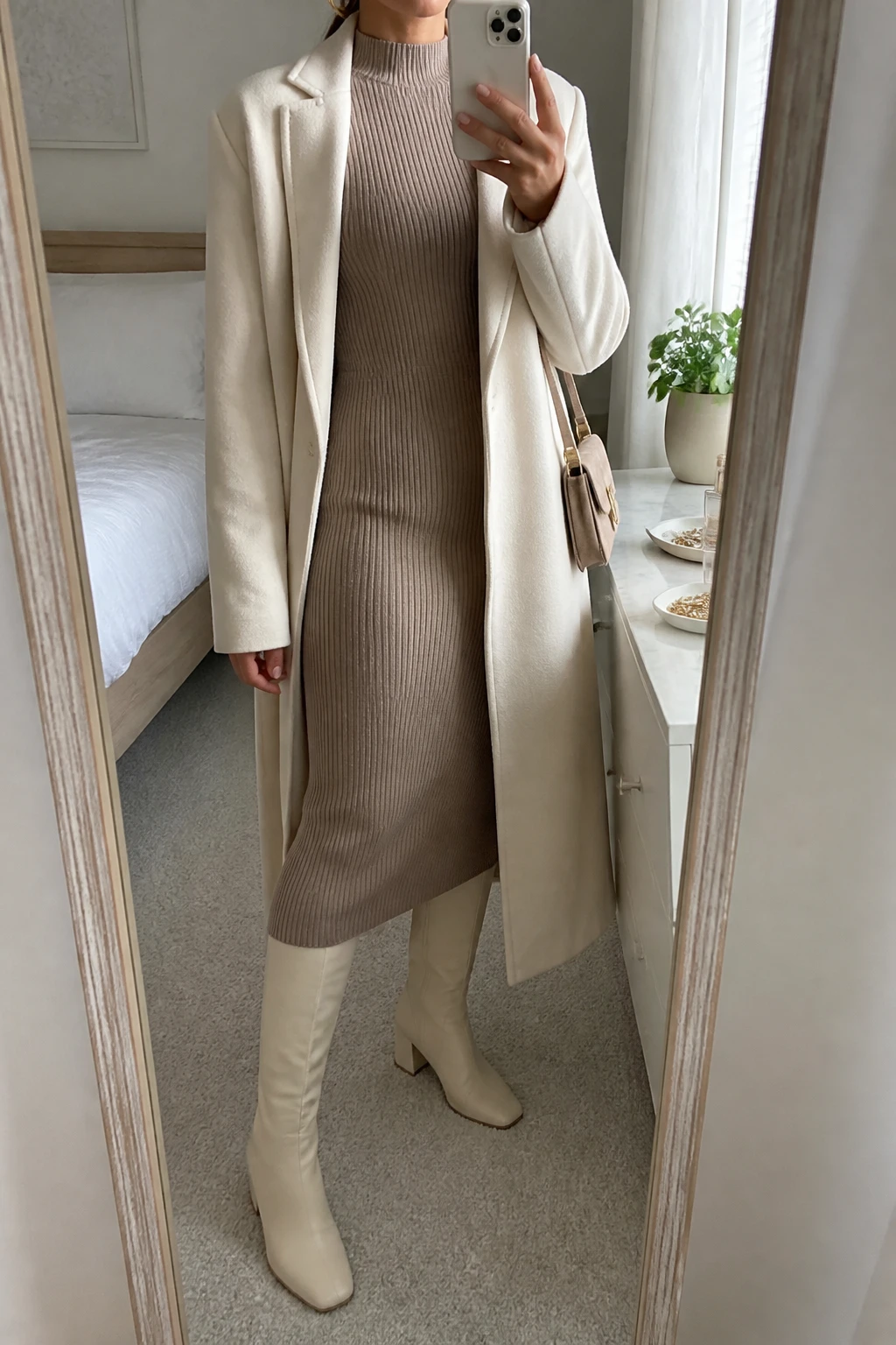 Image Prompt: Mirror selfie of a woman wearing a taupe long-sleeve ribbed knit sweater midi dress with a fitted waist and high neckline, cream leather knee-high boots with low block heels, a long ivory tailored wool coat worn open, a small beige suede shoulder bag, and delicate gold hoop earrings, holding a phone in front of a mirror, cropped at the NECK so the face does not show, with a relaxed casual selfie pose, in a feminine-themed bedroom, soft natural window light, a small plant on a dresser and a jewelry tray on the vanity, true-to-life taupe and ivory shades, realistic fine-knit texture, latest iPhone photo quality, no additional clothing or accessories.