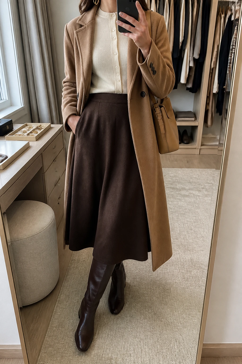 Image Prompt: Mirror selfie of a woman wearing a cream fine-knit button-front cardigan fully buttoned and tucked into a chocolate brown high-waisted A-line wool midi skirt, dark brown leather knee-high boots with low block heels, a long camel tailored wool coat worn open, a structured tan leather shoulder bag, and delicate gold oval earrings, holding a phone in front of a mirror, cropped at the NECK so the face does not show, with a relaxed casual selfie pose, in a walk-in closet mirror, soft natural window light, an open closet with clothes visible and a jewelry tray on the vanity, realistic cream cardigan stitches, natural chocolate wool skirt folds and warm camel coat texture, latest iPhone photo quality, no additional clothing or accessories.