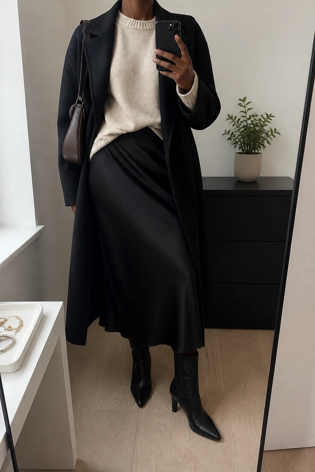 Image Prompt: Mirror selfie of a black woman wearing an oatmeal relaxed-fit cashmere-blend crewneck sweater with a small front tuck, a black satin bias-cut midi skirt, black leather pointed-toe heeled ankle boots, a long black tailored wool coat worn open, and a small chocolate brown leather shoulder bag, holding a phone in front of a mirror, cropped at the NECK so the face does not show, with a relaxed casual selfie pose, in a minimal dressing room, soft natural window light, a jewelry tray on the vanity and a small plant on a dresser, realistic oatmeal knit texture, natural black satin drape without excessive shine, subtle everyday imperfections, latest iPhone photo quality, no additional clothing or accessories.