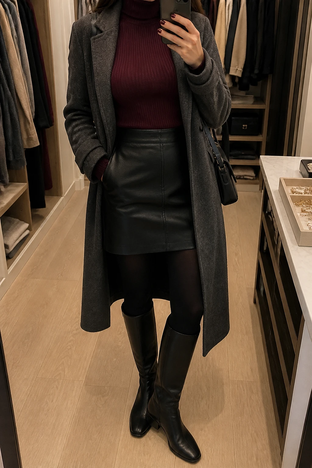 Image Prompt: Mirror selfie of a woman wearing a deep burgundy fitted ribbed turtleneck sweater tucked into a black high-waisted faux-leather A-line mini skirt, black opaque fleece-lined tights, black leather knee-high boots with low block heels, a long charcoal grey tailored wool coat worn open, and a small black leather shoulder bag, holding a phone in front of a mirror, cropped at the NECK so the face does not show, with a relaxed casual selfie pose, in a walk-in closet mirror, warm soft indoor lighting, an open closet with clothes visible and a jewelry tray on the vanity, realistic burgundy knit texture, natural black faux-leather grain, soft winter shadows, latest iPhone photo quality, no additional clothing or accessories.