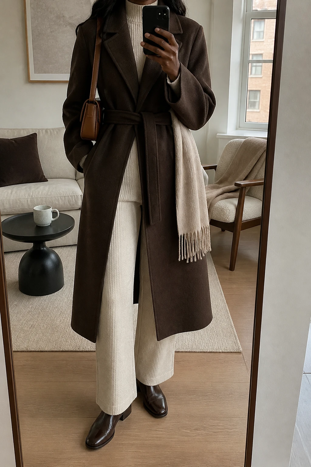 Image Prompt: Mirror selfie of a black woman wearing a long chocolate brown belted wool wrap coat over a matching cream fine-knit cashmere mock-neck sweater and cream straight-leg ribbed knit trousers, dark brown polished leather flat ankle boots, a small structured caramel leather shoulder bag, and a beige cashmere scarf, holding a phone in front of a mirror, cropped at the NECK so the face does not show, with a relaxed casual selfie pose, in a stylish city apartment, soft natural window light, a coffee mug on a side table and a folded blanket on a chair, realistic chocolate wool coat texture, soft matching cream knit fabrics and understated neutral styling, latest iPhone photo quality, no additional clothing or accessories.