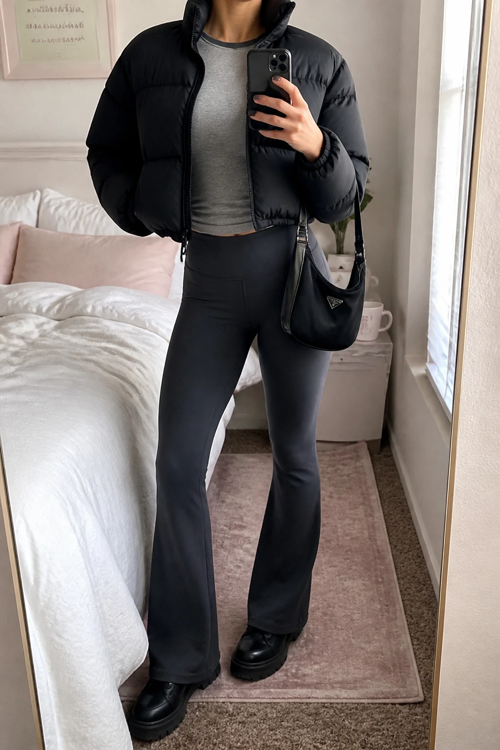 Image Prompt: Mirror selfie of a woman wearing a black cropped insulated puffer jacket over a heather grey fitted long-sleeve thermal athletic top, charcoal grey high-waisted fleece-lined flared leggings, black chunky leather sneakers with thick rubber soles, and a small black nylon shoulder bag, holding a phone in front of a mirror, cropped at the NECK so the face does not show, with a relaxed casual selfie pose, in a feminine-themed bedroom, soft natural window light, soft pillows on an unmade bed and a coffee mug on a bedside table, realistic black puffer volume, natural grey thermal fabric and sporty casual styling, latest iPhone photo quality, no additional clothing or accessories.