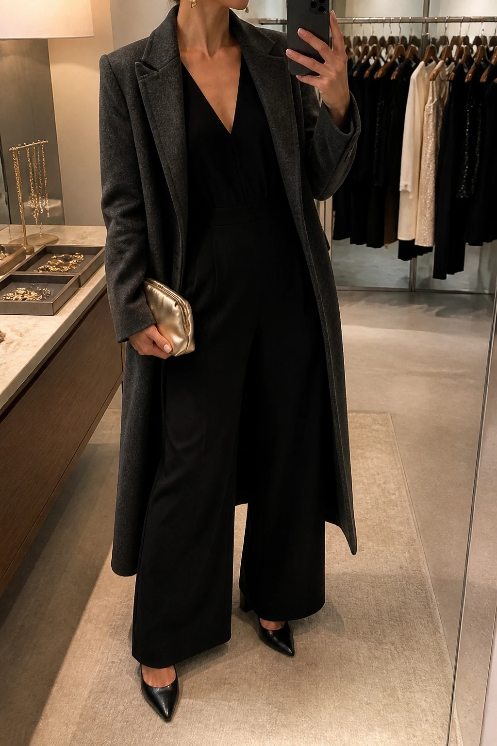 Image Prompt: Mirror selfie of a woman wearing a black long-sleeve crepe wide-leg jumpsuit with a modest V-neckline, softly fitted waist, and flowing trousers, black leather pointed-toe block heels, a long charcoal grey tailored wool coat worn open, a small champagne gold satin clutch, and sculptural gold drop earrings, holding a phone in front of a mirror, cropped at the NECK so the face does not show, with a relaxed casual selfie pose, in a fashion studio mirror corner, warm soft indoor lighting, a clothing rack with garments behind and a jewelry tray on the vanity, realistic black crepe fabric drape, natural tailored fit, subtle metallic gold reflections, latest iPhone photo quality, no additional clothing or accessories.