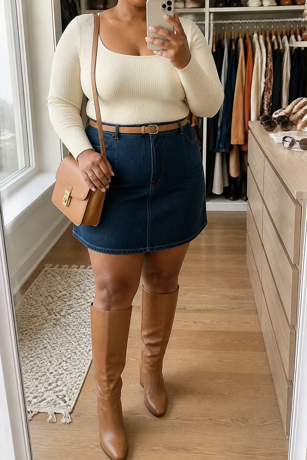 Mirror selfie of a plus size woman wearing a dark indigo high-waisted denim mini skirt with a clean A-line shape, a fitted cream ribbed square-neck bodysuit, tan knee-high leather boots with low block heels, a slim tan leather belt, and a structured camel crossbody bag, clearly showing the exact clothing items, colors, denim wash, ribbed texture, footwear, belt, and accessories listed, holding a phone in front of a mirror, cropped at the neck so her face does not appear, relaxed casual selfie stance, in a walk-in closet mirror with natural window light, an open closet with clothes visible and sunglasses placed on a dresser, realistic daytime styling, latest iPhone photo quality.