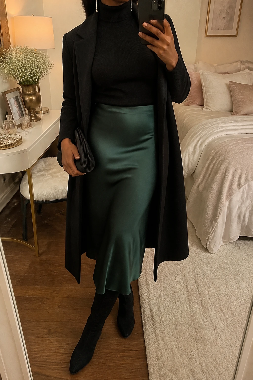 Image Prompt: Mirror selfie of a black woman wearing a black fitted cashmere turtleneck sweater tucked into a deep emerald green satin bias-cut midi skirt, black suede knee-high boots with low block heels, a long black tailored wool coat worn open, a small black satin clutch, and delicate silver drop earrings, holding a phone in front of a mirror, cropped at the NECK so the face does not show, with a relaxed casual selfie pose, in a feminine-themed bedroom, warm moody lighting, a jewelry tray on the vanity and soft pillows on an unmade bed, realistic emerald satin folds with gentle natural reflections, soft black cashmere texture, latest iPhone photo quality, no additional clothing or accessories.