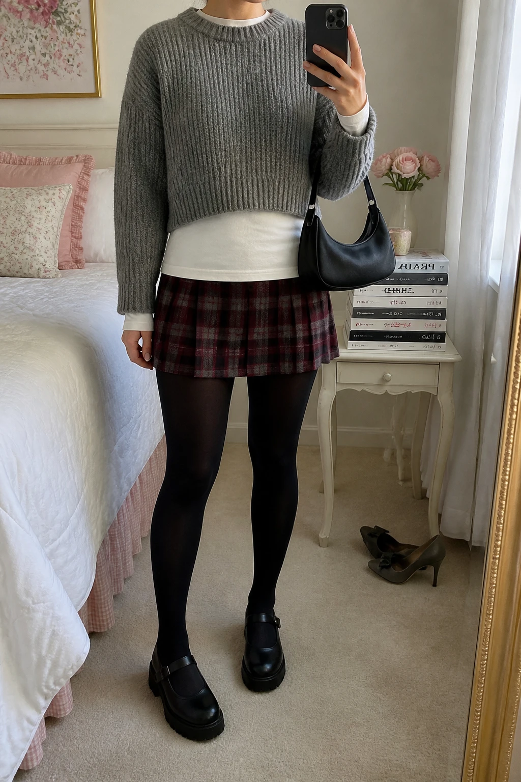 Image Prompt: Mirror selfie of a woman wearing a heather grey cropped chunky-knit crewneck sweater over a fitted white cotton long-sleeve shirt with the collar and hem showing, a burgundy and charcoal plaid wool mini skirt, black opaque thermal tights, black leather chunky platform Mary Jane shoes, and a small black faux-leather baguette bag, holding a phone in front of a mirror, cropped at the NECK so the face does not show, with a relaxed casual selfie pose, in a feminine-themed bedroom, soft natural window light, a stack of fashion magazines on a side table and a pair of heels on the floor nearby, realistic plaid wool texture and soft sweater folds, latest iPhone photo quality, no additional clothing or accessories.