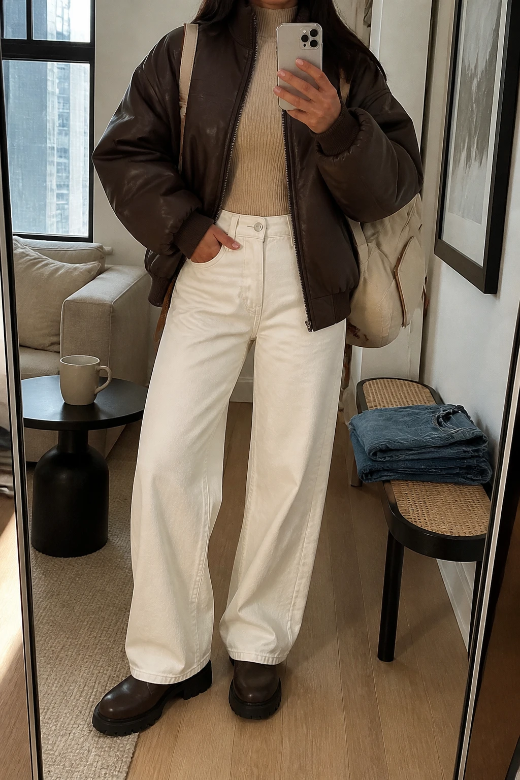Image Prompt: Mirror selfie of a woman wearing a chocolate brown oversized padded faux-leather bomber jacket over a beige fitted ribbed mock-neck sweater, winter-white high-waisted wide-leg denim jeans, dark brown chunky leather Chelsea boots with rubber soles, and a medium cream canvas backpack with brown leather trim, holding a phone in front of a mirror, cropped at the NECK so the face does not show, with a relaxed casual selfie pose, in a stylish city apartment, soft natural window light, a coffee mug on a side table and folded denim jeans on a bench, realistic chocolate leather grain, natural cream denim creases and soft beige knit texture, latest iPhone photo quality, no additional clothing or accessories.