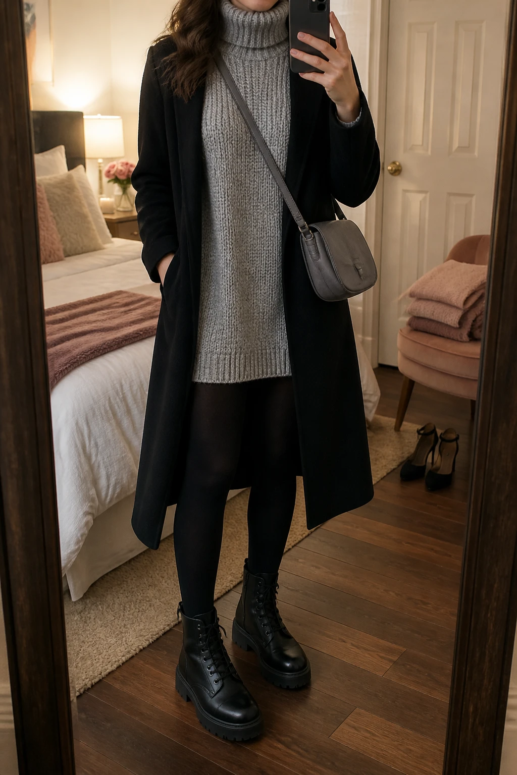 Image Prompt: Mirror selfie of a woman wearing a heather grey oversized chunky-knit turtleneck mini dress, black opaque fleece-lined thermal tights, black leather lace-up combat boots with thick flat rubber soles, a long black wool-blend coat worn open, and a small charcoal grey leather crossbody bag, holding a phone in front of a mirror, cropped at the NECK so the face does not show, with a relaxed casual selfie pose, in a feminine-themed bedroom, warm soft indoor lighting, a folded blanket on a chair and a pair of heels on the floor nearby, natural chunky knit texture, realistic combat boot leather and casual winter proportions, latest iPhone photo quality, no additional clothing or accessories.