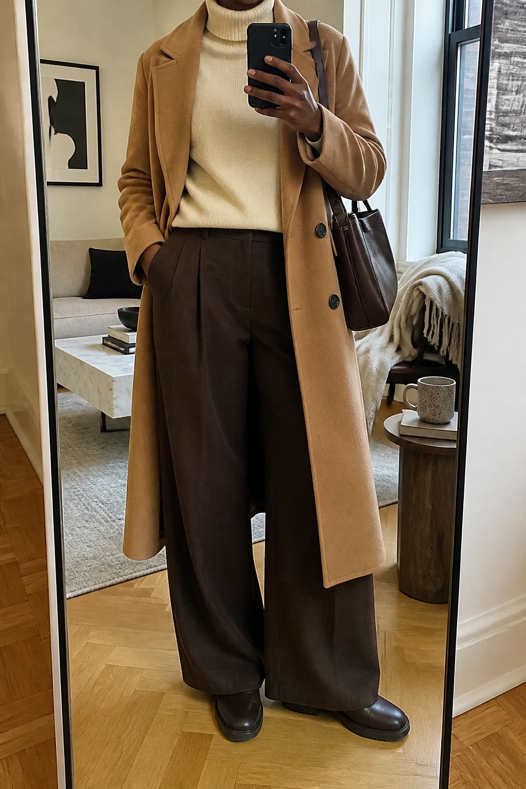 Image Prompt: Mirror selfie of a black woman wearing a long camel double-breasted wool coat left open over an ivory relaxed-fit cashmere turtleneck sweater, chocolate brown high-waisted wide-leg wool trousers with loose flowing legs, dark brown leather flat ankle boots with rubber soles, and a structured dark brown leather shoulder bag, holding a phone in front of a full-length mirror, cropped at the NECK so the face does not show, with a relaxed casual selfie pose, in a stylish city apartment, soft natural window light, a coffee mug on a side table and a folded blanket on a chair, realistic camel wool texture, natural cashmere folds and soft trouser draping, slightly subdued true-to-life colors, latest iPhone photo quality, no additional clothing or accessories.