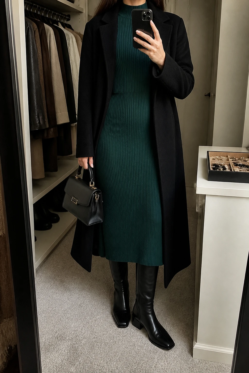Image Prompt: Mirror selfie of a woman wearing a deep emerald green long-sleeve ribbed knit midi dress with a high neckline and softly fitted waist, black polished leather knee-high boots with low block heels, a long black tailored wool coat worn open, a small structured black leather handbag, and delicate silver stud earrings, holding a phone in front of a mirror, cropped at the NECK so the face does not show, with a relaxed casual selfie pose, in a walk-in closet mirror, soft indoor lighting, an open closet with clothes visible and a jewelry tray on the vanity, realistic emerald green knit stitches, natural black wool folds, rich cool green color with subdued photo rendering, latest iPhone photo quality, no additional clothing or accessories.