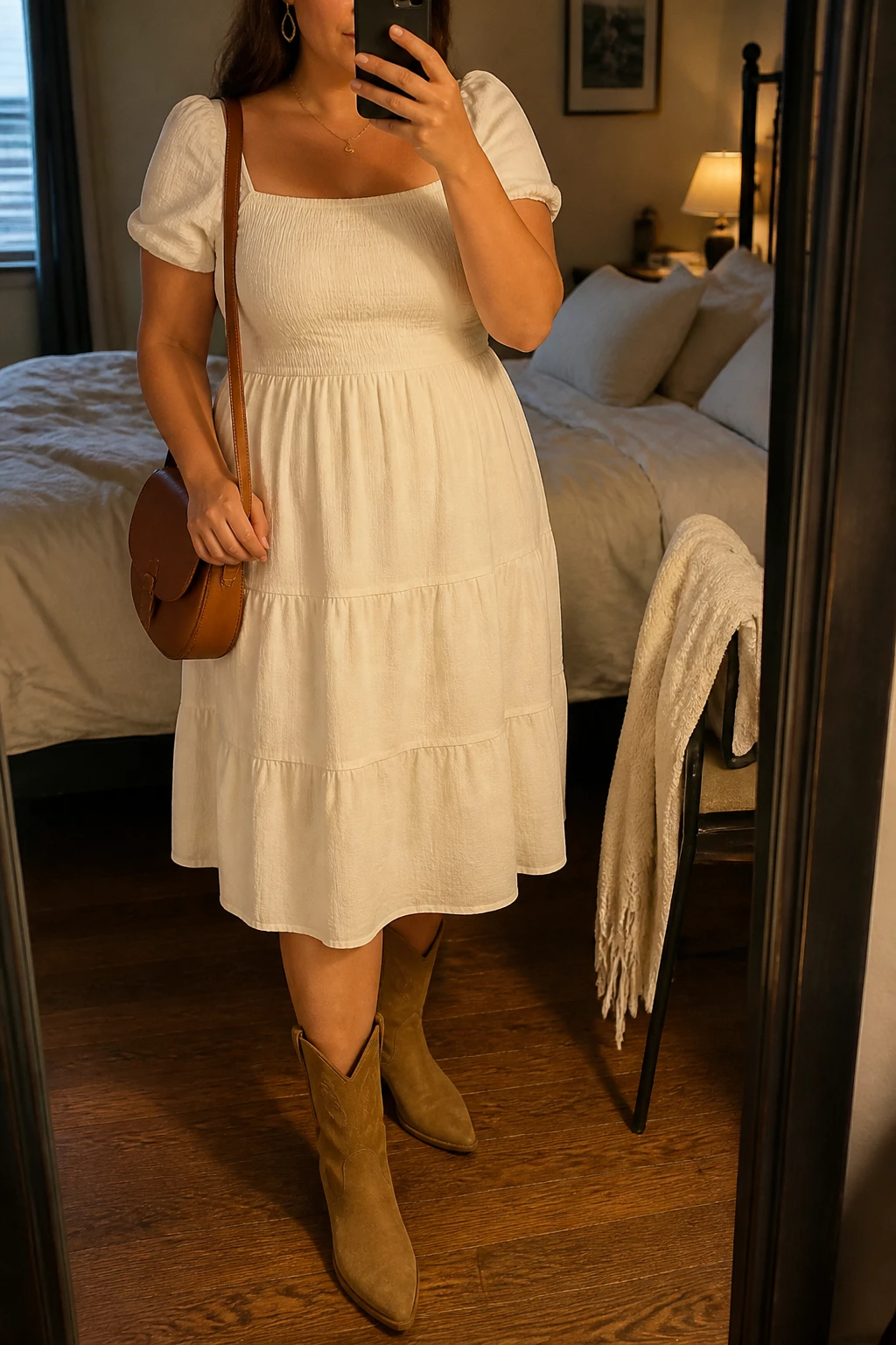 Mirror selfie of a plus size woman wearing a cream cotton prairie midi dress with short puff sleeves, a square neckline, a fitted waist, and a softly tiered skirt, tan suede mid-calf cowboy boots, a brown leather saddle bag, and delicate gold drop earrings, clearly showing the exact dress, cream cotton, tan boots, brown bag, and accessories listed, holding a phone in front of a mirror, cropped at the neck so the face is hidden, relaxed feminine selfie pose, in a cozy bedroom mirror setup with evening golden-hour lighting, soft pillows on an unmade bed and a folded blanket on a chair, realistic daytime outfit, latest iPhone photo quality.