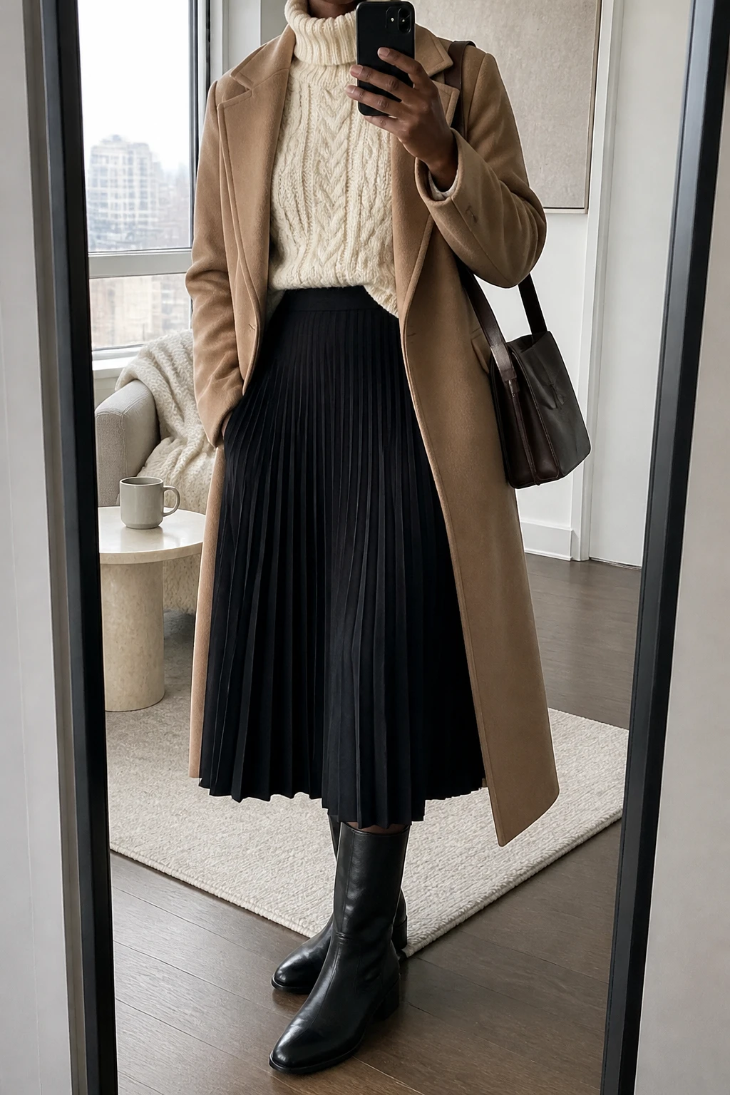 Image Prompt: Mirror selfie of a black woman wearing a cream chunky cable-knit turtleneck sweater with a slight front tuck into a black high-waisted wool-blend pleated midi skirt, black leather knee-high boots with low block heels, a long camel tailored wool coat worn open, and a structured dark brown leather shoulder bag, holding a phone in front of a full-length mirror, cropped at the NECK so the face does not show, with a relaxed casual selfie pose, in a stylish city apartment, soft natural window light, a coffee mug on a side table and a folded blanket on a chair, realistic cream cable-knit stitches, natural black wool skirt pleats, soft coat folds, believable everyday proportions, latest iPhone photo quality, no additional clothing or accessories.