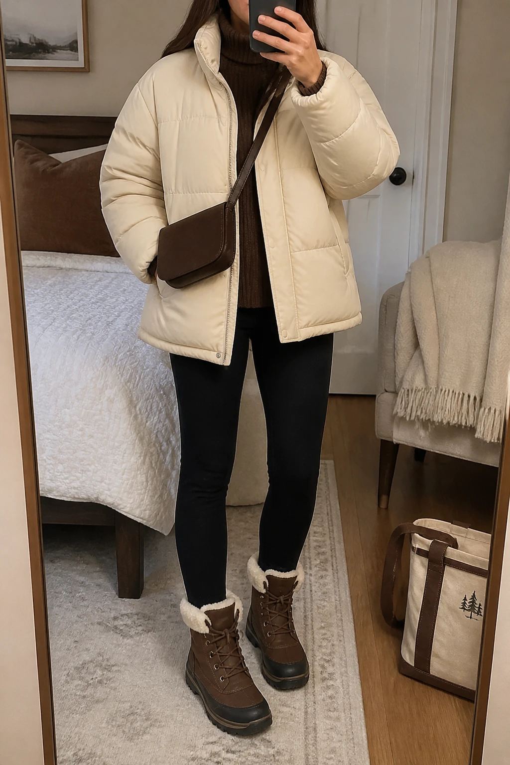Image Prompt: Mirror selfie of a woman wearing a cream oversized insulated quilted puffer jacket over a chocolate brown thick ribbed mock-neck sweater, black fleece-lined straight-leg leggings, chocolate brown waterproof insulated snow boots with cream faux-fur trim and thick rubber soles, and a small dark brown nylon crossbody bag, holding a phone in front of a mirror, cropped at the NECK so the face does not show, with a relaxed casual selfie pose, in a cozy bedroom mirror setup, soft indoor lighting, a folded blanket on a chair and a tote bag resting on the floor, realistic puffer volume, natural faux-fur boot texture and soft winter fabric folds, latest iPhone photo quality, no additional clothing or accessories.