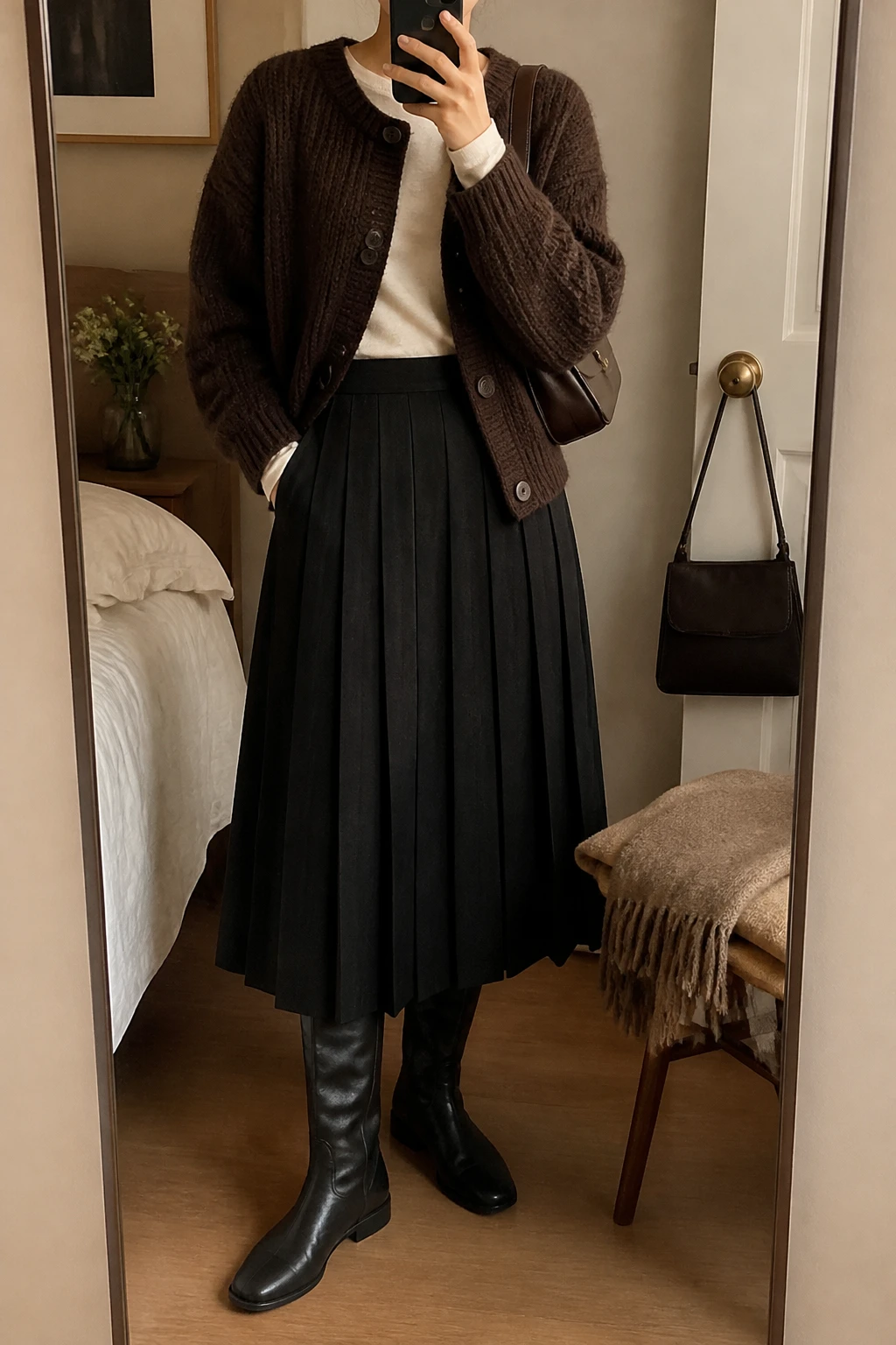 Image Prompt: Mirror selfie of a woman wearing a chocolate brown chunky-knit button-front cardigan over a cream fitted long-sleeve cotton top, a black wool-blend pleated midi skirt, black leather knee-high flat boots, and a small dark brown leather shoulder bag, holding a phone in front of a mirror, cropped at the NECK so the face does not show, with a relaxed casual selfie pose, in a cozy bedroom mirror setup, warm soft indoor lighting, a folded blanket on a chair and a handbag hanging on a door handle, realistic cardigan knit stitches, natural pleated skirt movement and leather boot texture, latest iPhone photo quality, no additional clothing or accessories.