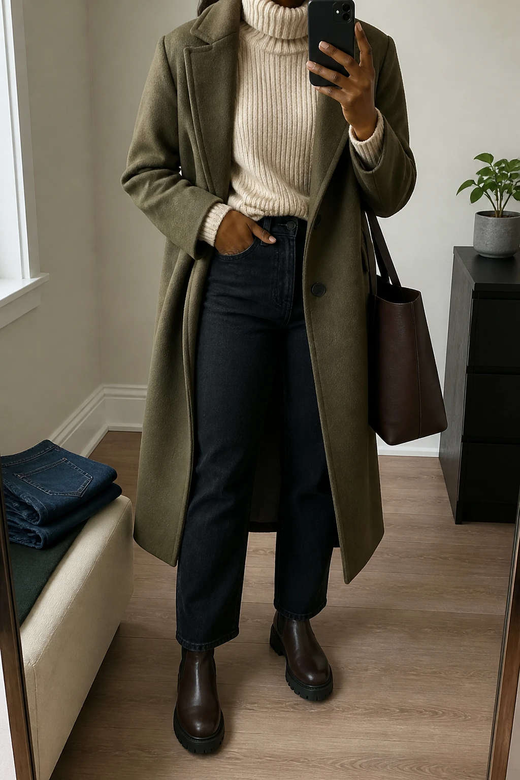 Image Prompt: Mirror selfie of a black woman wearing a long olive green single-breasted wool coat over an oatmeal chunky ribbed turtleneck sweater, black high-waisted straight-leg denim jeans, chocolate brown leather chunky Chelsea boots with thick flat rubber soles, and a structured dark brown leather tote bag, holding a phone in front of a mirror, cropped at the NECK so the face does not show, with a relaxed casual selfie pose, in a minimal dressing room, soft natural window light, folded denim jeans on a bench and a small plant on a dresser, realistic olive wool fabric, chocolate leather boot texture and natural sweater folds, latest iPhone photo quality, no additional clothing or accessories.