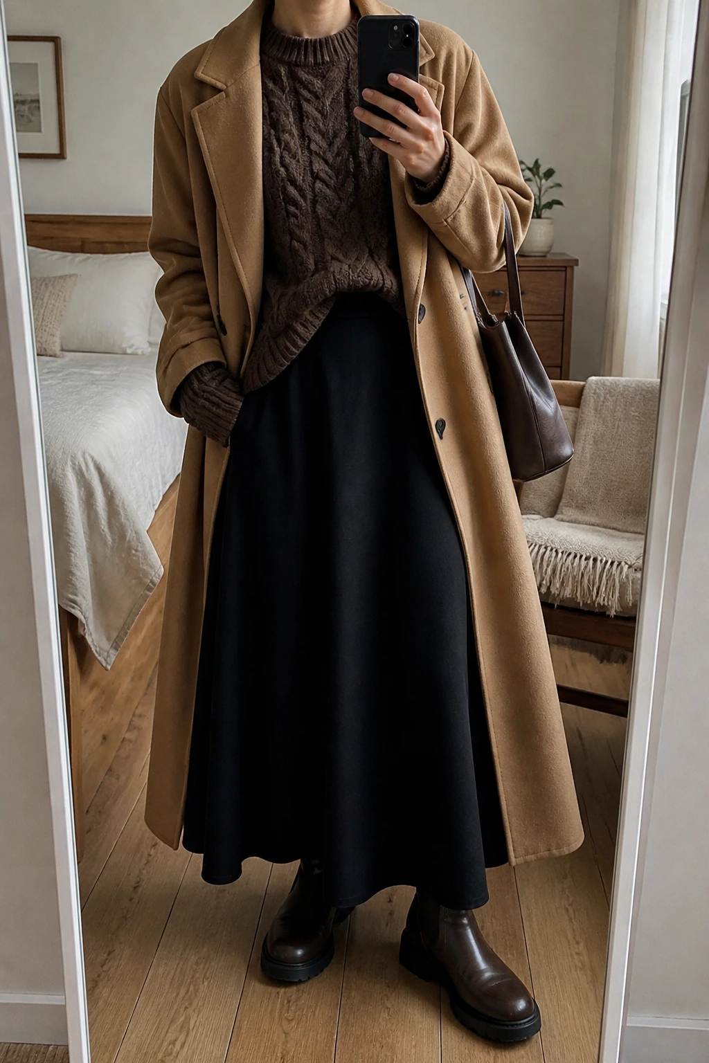 Image Prompt: Mirror selfie of a woman wearing a chocolate brown oversized chunky cable-knit crewneck sweater with a slight front tuck into a black high-waisted A-line wool maxi skirt, dark brown leather chunky flat Chelsea boots, a long camel double-breasted wool coat worn open, and a structured dark brown leather shoulder bag, holding a phone in front of a mirror, cropped at the NECK so the face does not show, with a relaxed casual selfie pose, in a cozy bedroom mirror setup, soft natural window light, a folded blanket on a chair and a small plant on a dresser, realistic chocolate cable-knit texture, natural black wool skirt folds and warm camel coat fabric, latest iPhone photo quality, no additional clothing or accessories.
