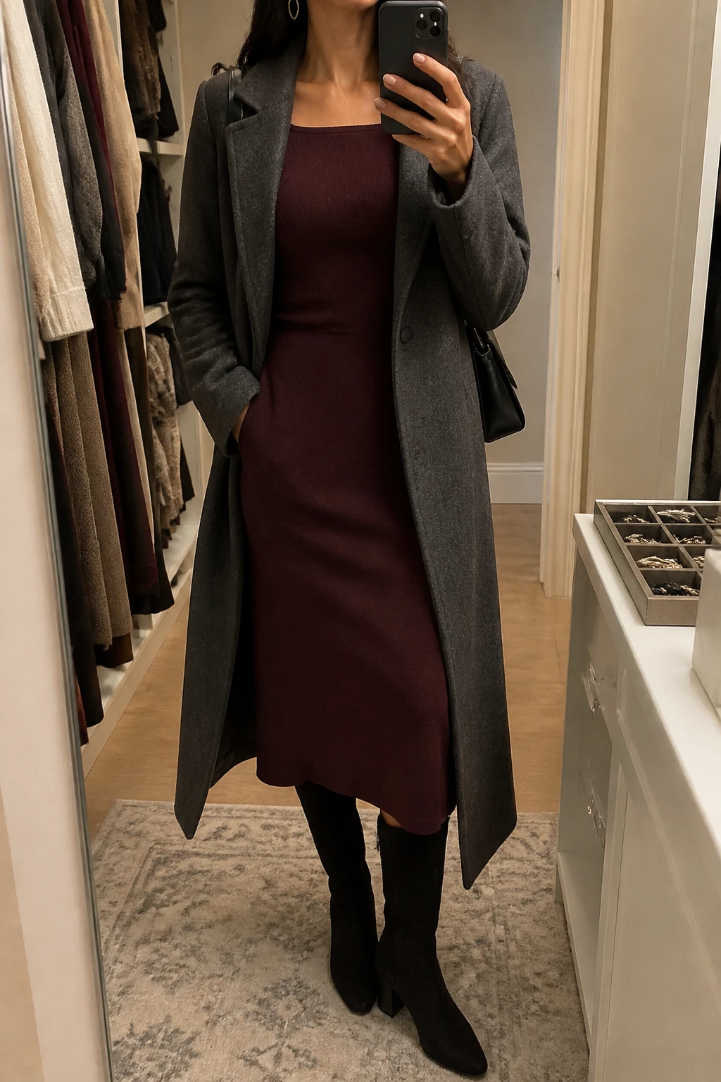 Image Prompt: Mirror selfie of a woman wearing a deep cool burgundy long-sleeve fine-knit midi dress with a modest square neckline and softly fitted waist, a long charcoal grey tailored wool coat worn open, black suede knee-high boots with low block heels, a small black leather shoulder bag, and delicate silver oval earrings, holding a phone in front of a mirror, cropped at the NECK so the face does not show, with a relaxed casual selfie pose, in a walk-in closet mirror, warm soft indoor lighting, an open closet with clothes visible and a jewelry tray on the vanity, realistic cool burgundy knit fabric, natural charcoal wool coat folds and understated winter styling, latest iPhone photo quality, no additional clothing or accessories.