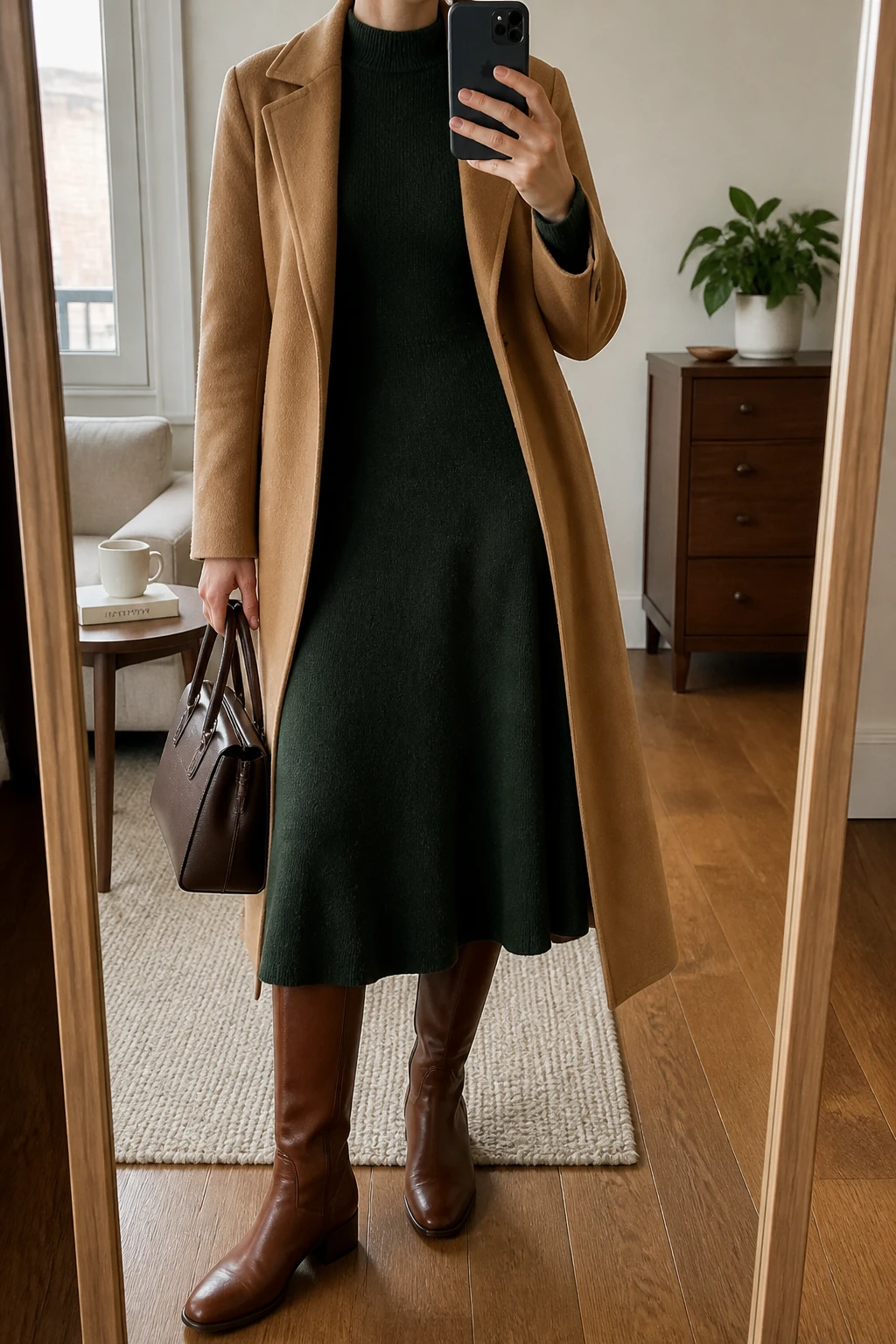 Image Prompt: Mirror selfie of a woman wearing a forest green long-sleeve fine-knit wool midi dress with a high neckline and gently flared skirt, tan polished leather knee-high boots with low block heels, a long camel tailored wool coat worn open, a structured dark brown leather handbag, and small pearl stud earrings, holding a phone in front of a mirror, cropped at the NECK so the face does not show, with a relaxed casual selfie pose, in a stylish city apartment, soft natural window light, a coffee mug on a side table and a small plant on a dresser, realistic forest green knit texture, natural camel wool folds and understated elegant proportions, latest iPhone photo quality, no additional clothing or accessories.