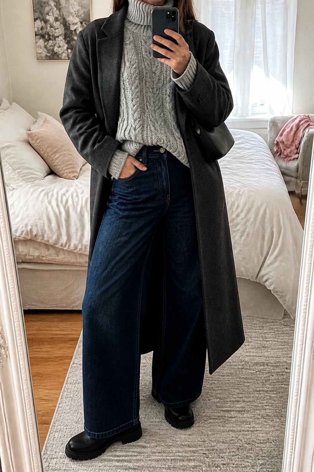 Image Prompt: Mirror selfie of a woman wearing an oversized heather grey chunky cable-knit turtleneck sweater with a small front tuck into dark indigo high-waisted wide-leg denim jeans, a long charcoal grey tailored wool coat worn open, black leather chunky flat ankle boots, and a small structured black leather shoulder bag, holding a phone in front of a mirror, cropped at the NECK so the face does not show, with a relaxed casual selfie pose, in a feminine-themed bedroom, natural window light, soft pillows on an unmade bed and a folded blanket on a chair, realistic grey cable-knit stitches, natural indigo denim creases, soft charcoal wool coat texture, latest iPhone photo quality, no additional clothing or accessories.