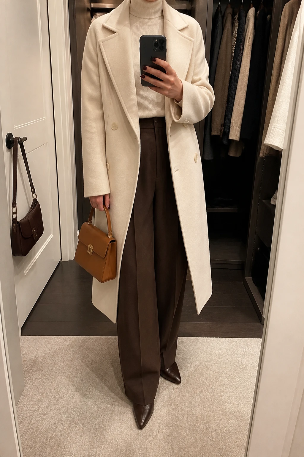 Image Prompt: Mirror selfie of a woman wearing a long ivory double-breasted wool coat over a matching ivory fitted cashmere turtleneck sweater, chocolate brown high-waisted wide-leg tailored wool trousers, dark brown leather pointed-toe ankle boots with low block heels, a small structured caramel leather handbag, and delicate gold stud earrings, holding a phone in front of a mirror, cropped at the NECK so the face does not show, with a relaxed casual selfie pose, in a walk-in closet mirror, warm soft indoor lighting, an open closet with clothes visible and a handbag hanging on a door handle, true-to-life ivory wool textures, natural chocolate trouser drape and elegant winter styling, latest iPhone photo quality, no additional clothing or accessories.