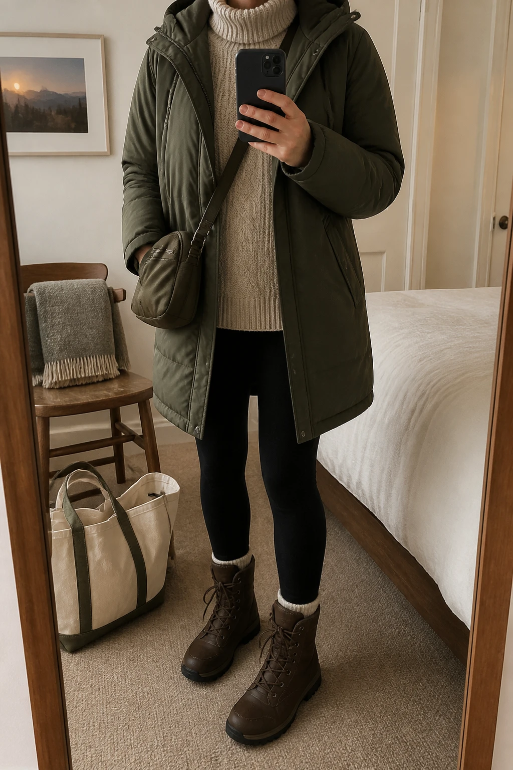 Image Prompt: Mirror selfie of a woman wearing an olive green insulated hooded parka with a mid-thigh hem over an oatmeal thick cable-knit turtleneck sweater, black fleece-lined thermal leggings, dark brown waterproof insulated lace-up snow boots with rubber lug soles, a small dark olive nylon crossbody bag, and a cream ribbed wool beanie, holding a phone in front of a mirror, cropped at the NECK so the face does not show, with a relaxed casual selfie pose, in a cozy bedroom mirror setup, soft indoor lighting, a folded blanket on a chair and a tote bag resting on the floor, realistic parka fabric, natural sweater texture and practical winter travel appearance, latest iPhone photo quality, no additional clothing or accessories.