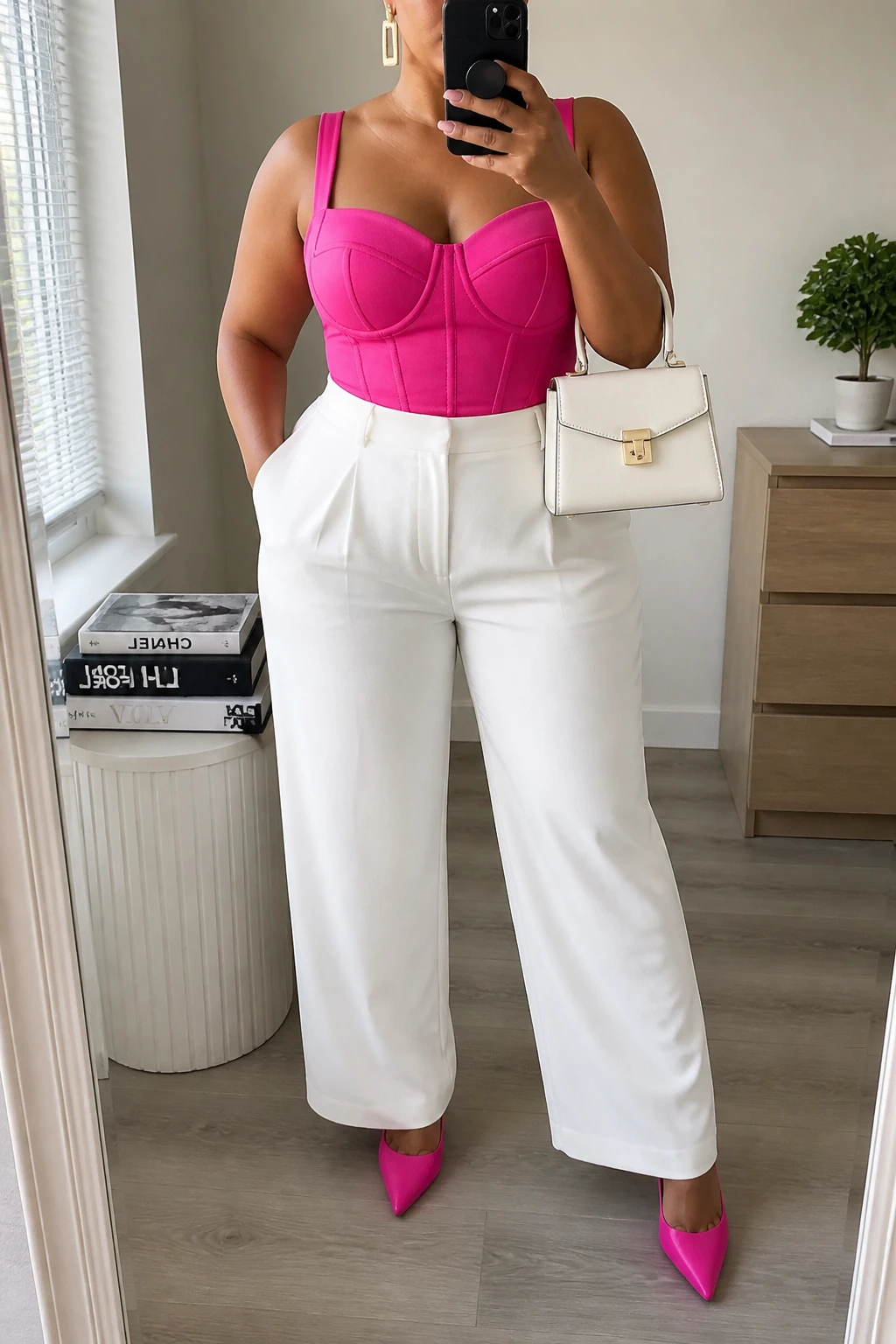 Mirror selfie of a plus size woman wearing a structured hot pink corset-style top with wide supportive straps, high-waisted white wide-leg trousers in fluid crepe, hot pink pointed slingback heels, a small white structured handbag, and gold rectangular earrings, clearly showing the exact clothing items, hot pink top, white trousers, colors, footwear, and accessories listed, holding a phone in front of a mirror, cropped at the neck so her face does not show, relaxed bold selfie pose, in a minimal dressing room with natural window light, a stack of fashion magazines on a side table and a small plant on a dresser, realistic birthday brunch outfit, latest iPhone photo quality.