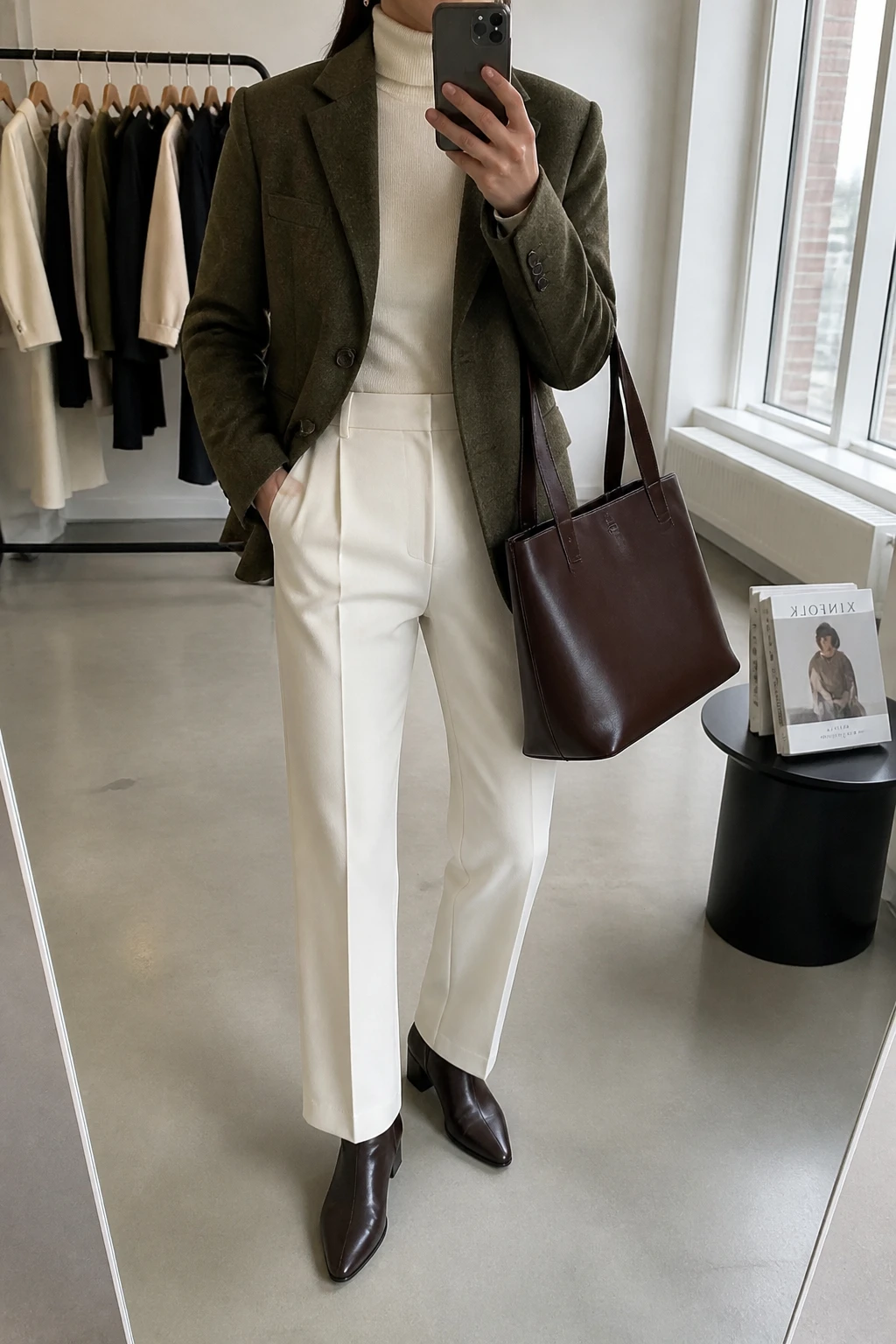 Image Prompt: Mirror selfie of a woman wearing an olive green tailored single-breasted wool-blend blazer over a cream fitted cashmere turtleneck sweater, ivory high-waisted straight-leg tailored trousers, dark chocolate brown leather pointed-toe ankle boots with low block heels, a structured dark brown leather work tote, and small gold stud earrings, holding a phone in front of a mirror, cropped at the NECK so the face does not show, with a relaxed casual selfie pose, in a fashion studio mirror corner, soft natural window light, a clothing rack with garments behind and fashion magazines on a side table, realistic olive wool blazer texture, natural ivory trouser folds and soft cream cashmere fabric, latest iPhone photo quality, no additional clothing or accessories.