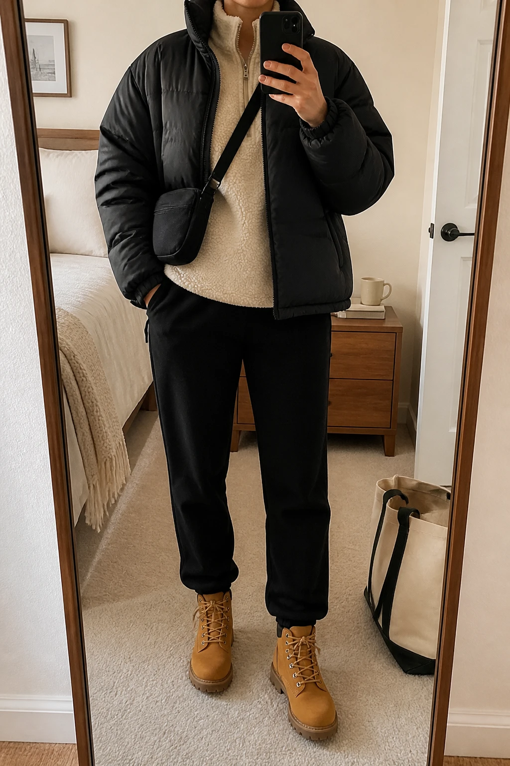 Image Prompt: Mirror selfie of a woman wearing a black oversized insulated quilted puffer jacket over a cream thick fleece-lined sweatshirt, black straight-leg thermal joggers, tan waterproof leather hiking-style boots with thick rubber lug soles, and a small black nylon crossbody bag, holding a phone in front of a mirror, cropped at the NECK so the face does not show, with a relaxed casual selfie pose, in a cozy bedroom mirror setup, soft indoor lighting, a tote bag resting on the floor and a coffee mug on a bedside table, realistic puffer fabric volume, natural fleece texture and believable winter footwear, latest iPhone photo quality, no additional clothing or accessories.