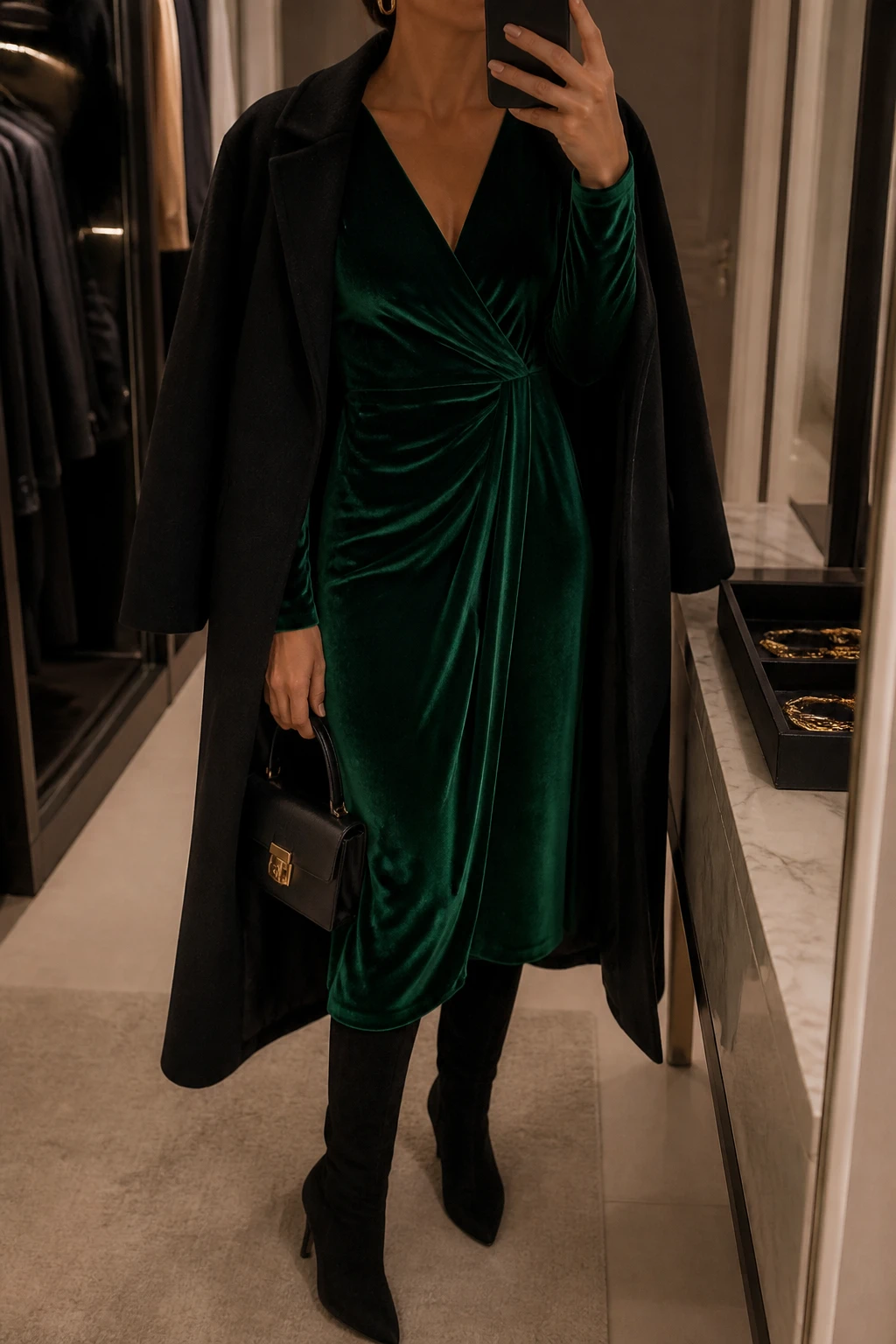 Image Prompt: Mirror selfie of a woman wearing an emerald green long-sleeve velvet wrap midi dress with a defined waist and soft V-neckline, black suede knee-high heeled boots, a long black wool coat worn open, a small black structured evening handbag, and delicate gold hoop earrings, holding a phone in front of a mirror, cropped at the NECK so the face does not show, with a relaxed casual selfie pose, in a walk-in closet mirror, warm moody lighting, an open closet with clothes visible and a jewelry tray on the vanity, realistic emerald velvet texture and natural dress folds, latest iPhone photo quality, no additional clothing or accessories.