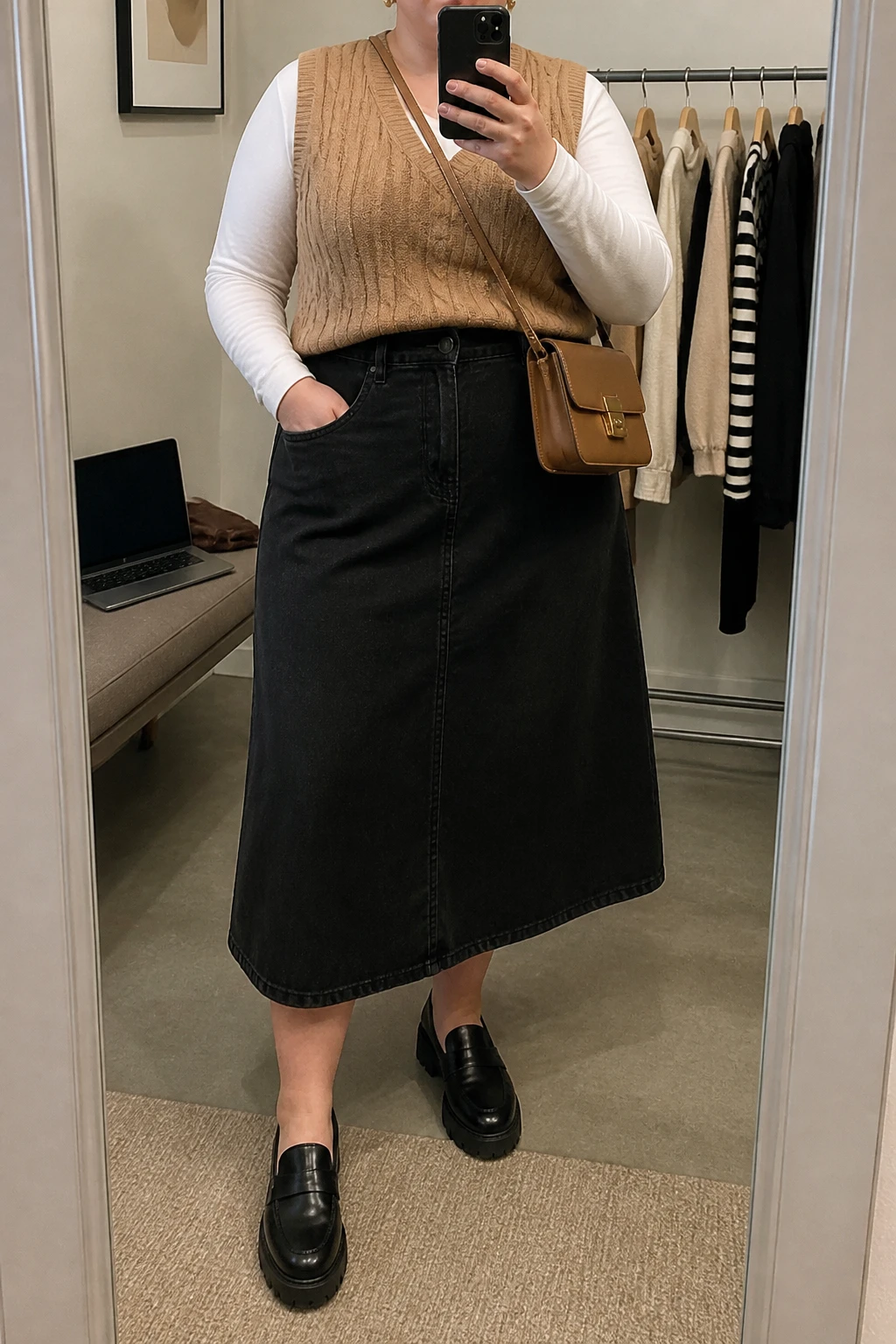 Mirror selfie of a plus size woman wearing a black high-waisted A-line denim midi skirt, a camel cable-knit sweater vest layered over a fitted white long-sleeve cotton shirt, black leather loafers with chunky soles, a structured camel crossbody bag, and delicate gold stud earrings, clearly showing the exact clothing layers, black denim, camel knit, white shirt, footwear, and accessories listed, holding a phone in front of a mirror, cropped at the neck so the face does not appear, relaxed preppy selfie stance, in a minimal dressing room with soft indoor lighting, a clothing rack with garments behind her and a laptop on a bench, realistic cooler-weather outfit, latest iPhone photo quality.