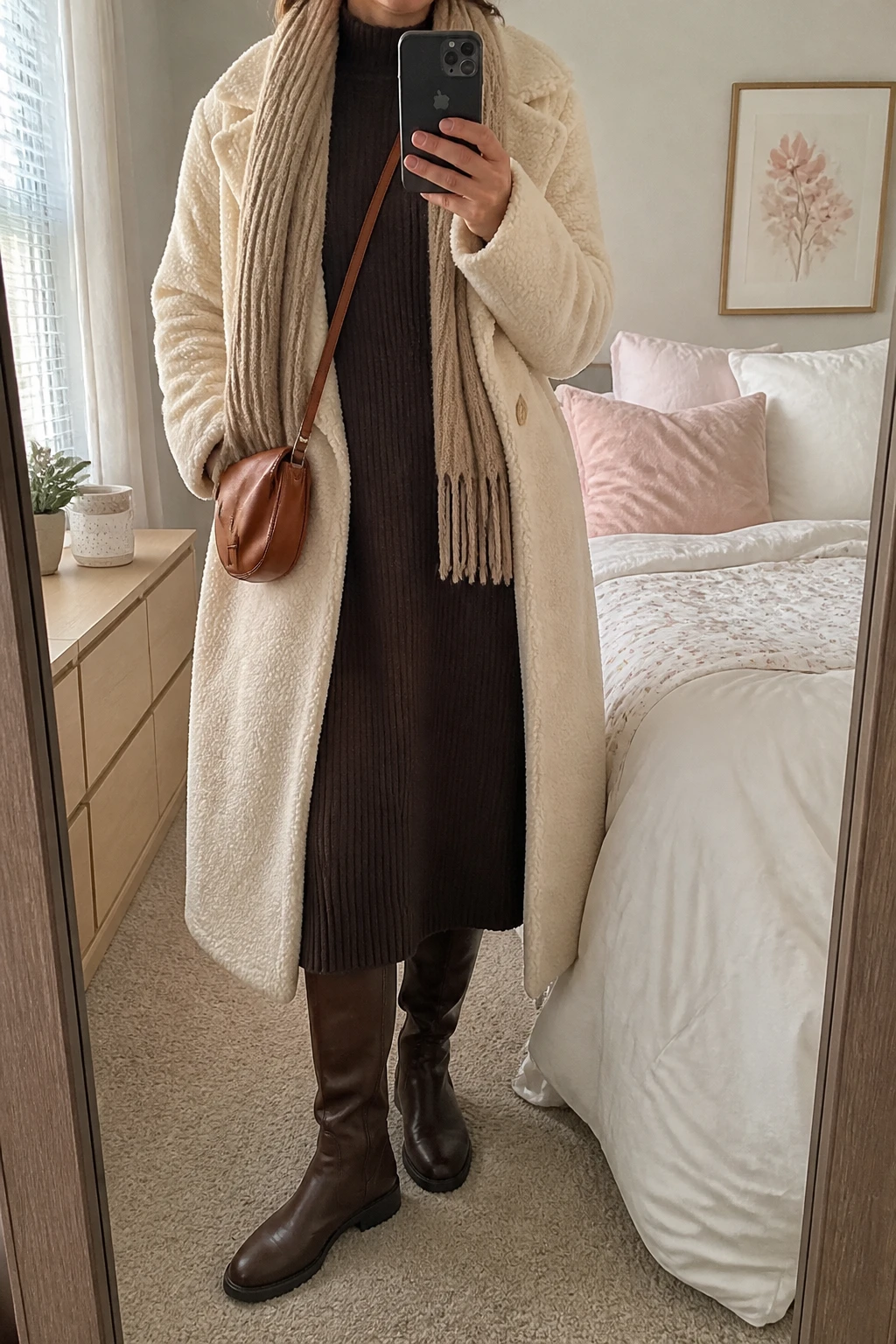 Image Prompt: Mirror selfie of a woman wearing a long cream teddy-fleece coat over a chocolate brown long-sleeve ribbed knit midi dress with a high neckline and softly fitted waist, dark brown leather knee-high flat boots with rubber soles, a small caramel leather crossbody bag, and a beige ribbed knit scarf, holding a phone in front of a mirror, cropped at the NECK so the face does not show, with a relaxed casual selfie pose, in a feminine-themed bedroom, soft natural window light, soft pillows on an unmade bed and a small plant on a dresser, realistic cream teddy-fleece texture, natural chocolate ribbed knit folds and soft winter styling, latest iPhone photo quality, no additional clothing or accessories.