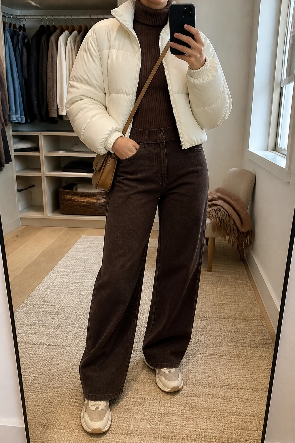 Image Prompt: Mirror selfie of a woman wearing a cream cropped insulated quilted puffer jacket over a chocolate brown fitted ribbed turtleneck sweater, dark chocolate brown high-waisted wide-leg denim jeans with a full-length straight drape, beige leather chunky sneakers with cream rubber soles, and a small caramel nylon crossbody bag, holding a phone in front of a mirror, cropped at the NECK so the face does not show, with a relaxed casual selfie pose, in a walk-in closet mirror, natural window light, an open closet with clothes visible and a folded blanket on a chair, realistic cream quilted puffer volume, visible chocolate ribbed knit, natural brown denim creases, latest iPhone photo quality, no additional clothing or accessories.