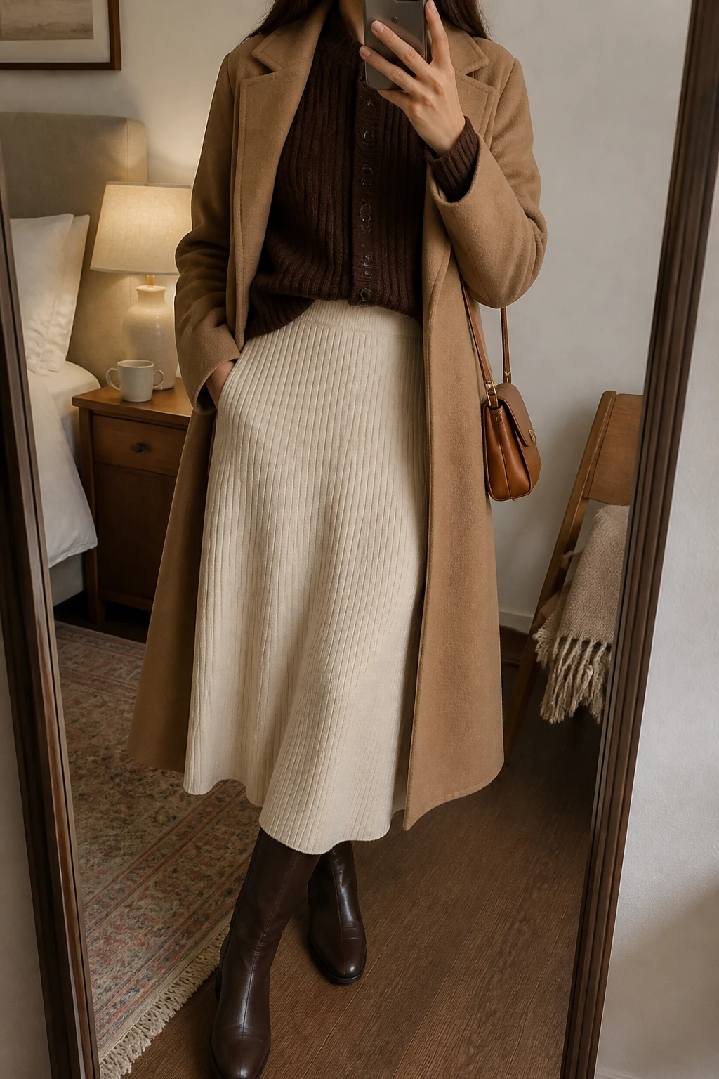 Image Prompt: Mirror selfie of a woman wearing a chocolate brown chunky ribbed button-front cardigan, fully buttoned and tucked slightly into a cream high-waisted ribbed knit A-line midi skirt, dark brown leather knee-high boots with low block heels, a camel wool-blend wrap coat worn open, and a small caramel leather shoulder bag, holding a phone in front of a mirror, cropped at the NECK so the face does not show, with a relaxed casual selfie pose, in a cozy bedroom mirror setup, warm soft indoor lighting, a coffee mug on a bedside table and a folded blanket on a chair, realistic chocolate ribbed knit texture, natural cream knit skirt folds and warm neutral colors, latest iPhone photo quality, no additional clothing or accessories.