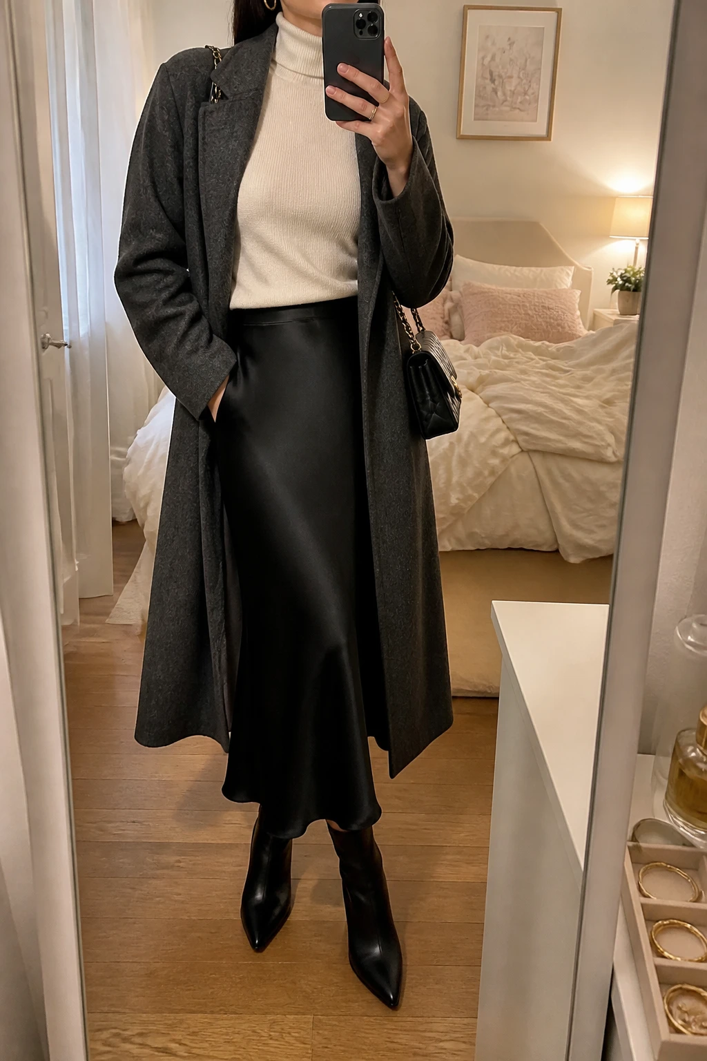 Image Prompt: Mirror selfie of a woman wearing a cream fitted cashmere turtleneck sweater tucked into a black satin bias-cut midi skirt, black leather pointed-toe heeled ankle boots, a long charcoal grey wool coat worn open, a small black quilted leather shoulder bag, and simple gold hoop earrings, holding a phone in front of a mirror, cropped at the NECK so the face does not show, with a relaxed casual selfie pose, in a feminine-themed bedroom, warm soft indoor lighting, soft pillows on an unmade bed and a jewelry tray on the vanity, realistic satin fabric draping, natural cashmere texture and elegant winter styling, latest iPhone photo quality, no additional clothing or accessories.