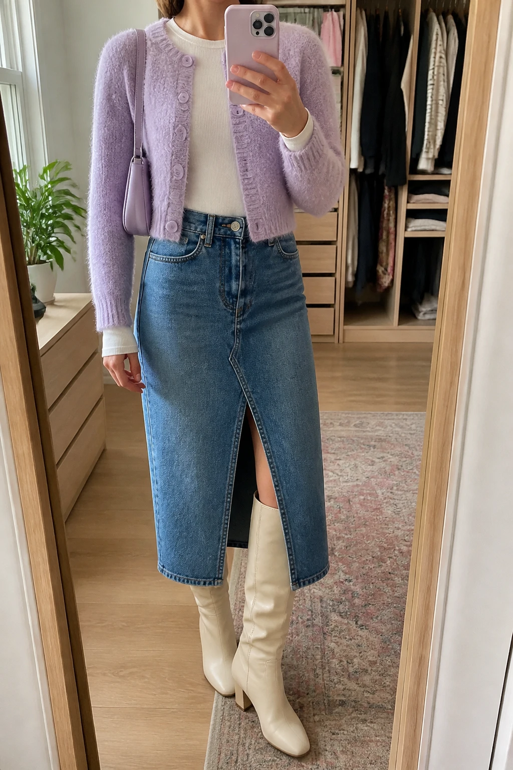 Image Prompt: Mirror selfie of a woman wearing a lavender fuzzy cropped knit cardigan over a white fitted thermal long-sleeve crewneck top, a medium-wash blue denim midi skirt with a front slit, cream leather knee-high boots with low block heels, and a small lavender faux-leather shoulder bag, holding a phone in front of a mirror, cropped at the NECK so the face does not show, with a relaxed casual selfie pose, in a walk-in closet mirror, soft natural window light, an open closet with clothes visible and a small plant on a dresser, true-to-life lavender knit texture, realistic denim skirt folds and natural casual appearance, latest iPhone photo quality, no additional clothing or accessories.