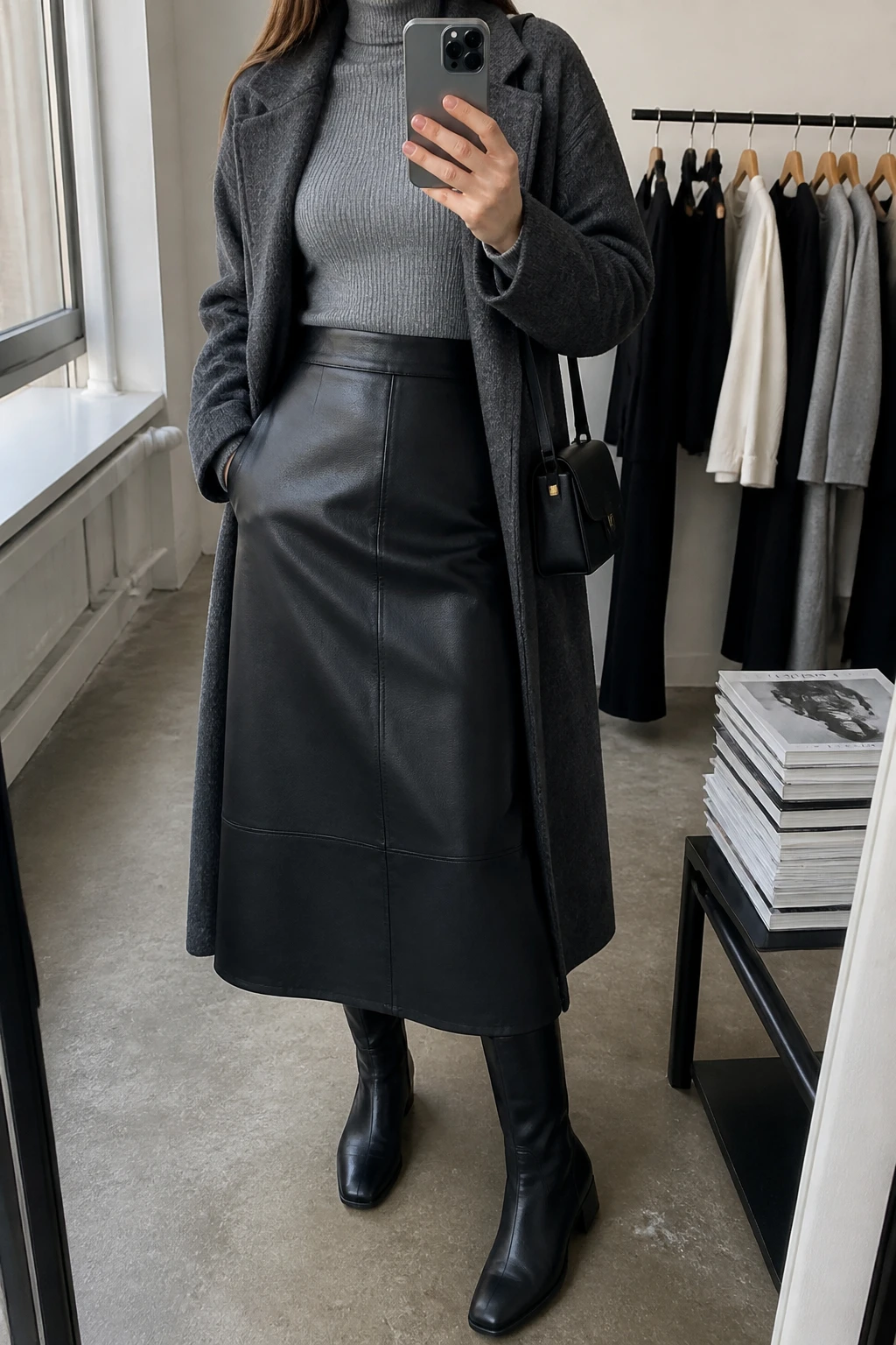 Image Prompt: Mirror selfie of a woman wearing a heather grey fitted ribbed turtleneck sweater tucked into a black high-waisted faux-leather A-line midi skirt, black leather knee-high boots with low block heels, a long charcoal grey wool coat worn open, and a small black structured shoulder bag, holding a phone in front of a mirror, cropped at the NECK so the face does not show, with a relaxed casual selfie pose, in a fashion studio mirror corner, soft natural window light, a clothing rack with garments behind and a stack of fashion magazines on a side table, realistic black faux-leather grain, natural grey sweater texture and soft winter lighting, latest iPhone photo quality, no additional clothing or accessories.