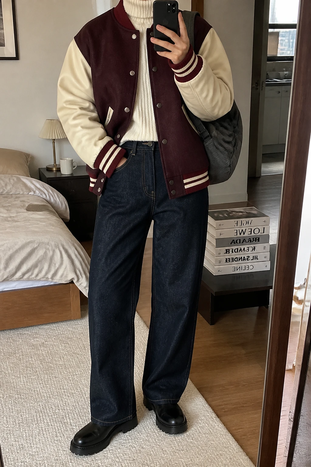 Image Prompt: Mirror selfie of a woman wearing a burgundy wool varsity jacket with cream faux-leather sleeves over a cream chunky ribbed turtleneck sweater, dark indigo high-waisted baggy straight-leg jeans, black leather chunky flat Chelsea boots with thick rubber soles, and a small charcoal grey canvas backpack, holding a phone in front of a mirror, cropped at the NECK so the face does not show, with a relaxed casual selfie pose, in a stylish city apartment, soft indoor lighting, a stack of fashion magazines on a side table and a coffee mug on a bedside table, realistic burgundy wool texture, natural cream sweater stitches and slightly creased dark denim, latest iPhone photo quality, no additional clothing or accessories.