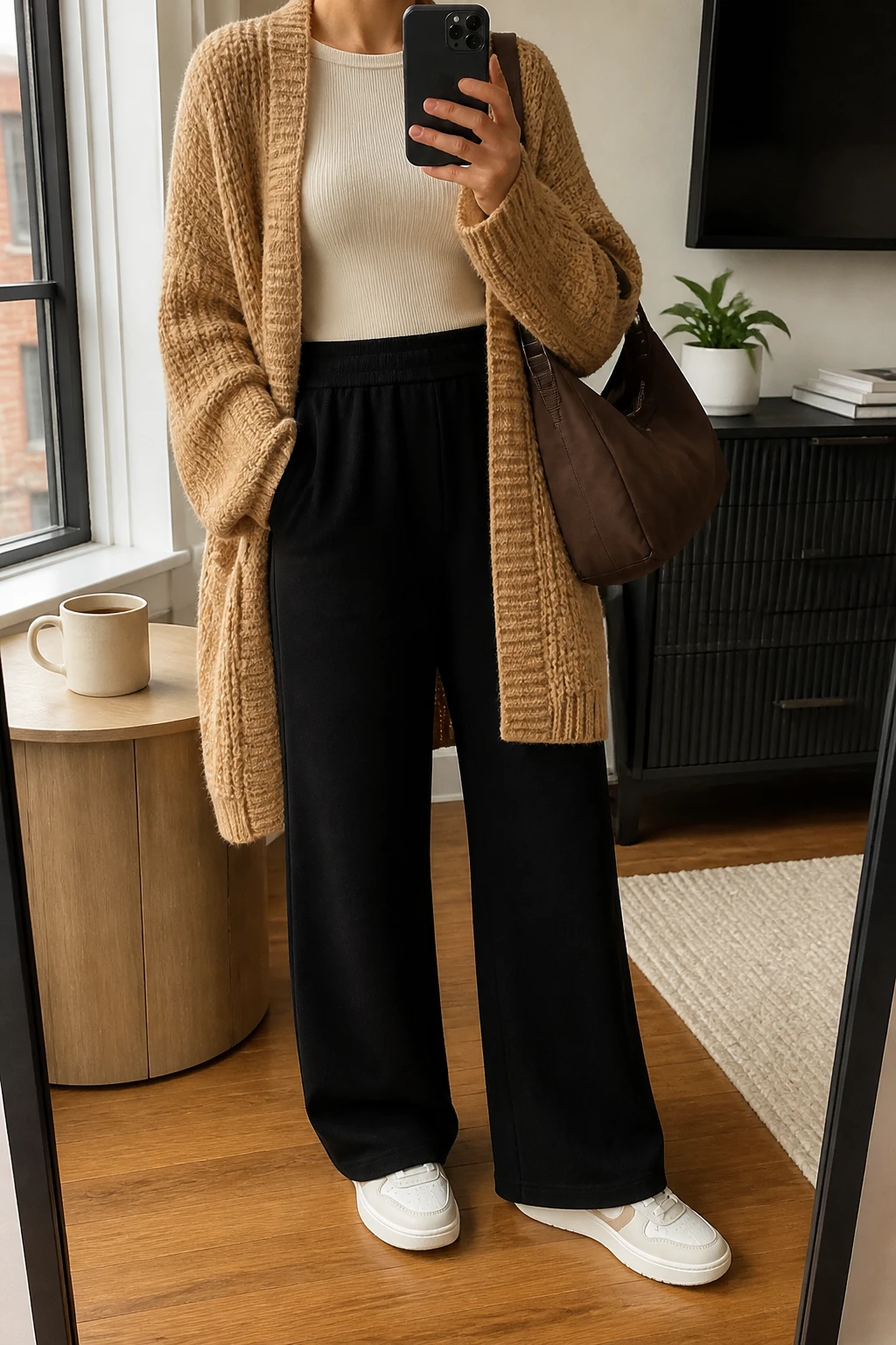 Image Prompt: Mirror selfie of a woman wearing a camel oversized chunky-knit open-front cardigan over an ivory fitted ribbed long-sleeve top, black high-waisted wide-leg ponte-knit trousers with a flexible waistband, white cushioned leather sneakers with beige accents, and a medium dark brown zippered nylon shoulder tote bag, holding a phone in front of a mirror, cropped at the NECK so the face does not show, with a relaxed casual selfie pose, in a stylish city apartment, natural window light, a coffee mug on a side table and a small plant on a dresser, realistic camel cardigan texture, natural black ponte fabric and cozy everyday travel styling, latest iPhone photo quality, no additional clothing or accessories.
