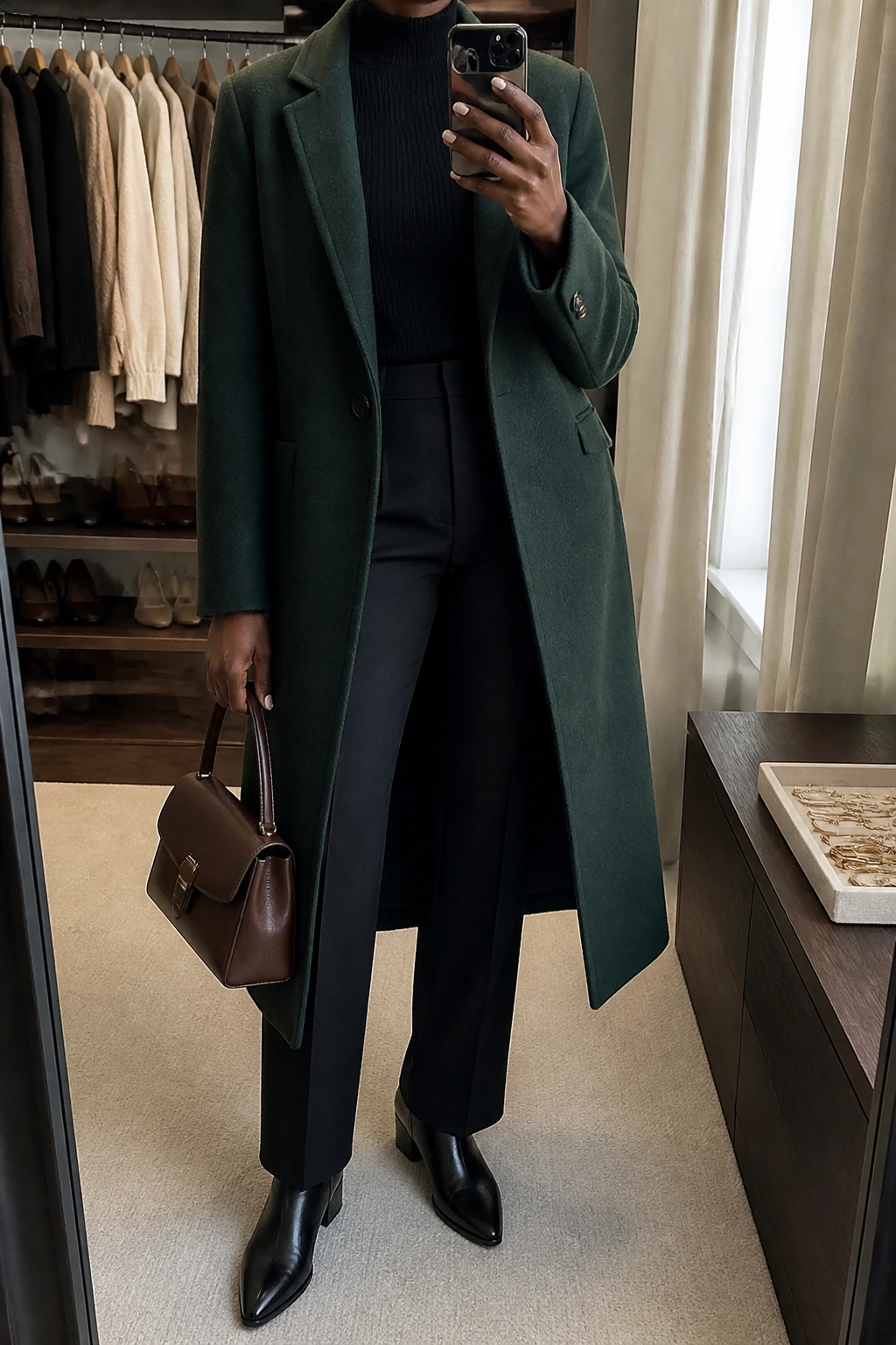 Image Prompt: Mirror selfie of a black woman wearing a long forest green tailored single-breasted wool coat over a black fitted fine-knit mock-neck sweater, black high-waisted straight-leg wool trousers, black polished leather pointed-toe ankle boots with low block heels, a structured dark brown leather top-handle handbag, and delicate gold stud earrings, holding a phone in front of a mirror, cropped at the NECK so the face does not show, with a relaxed casual selfie pose, in a walk-in closet mirror, soft natural window light, an open closet with clothes visible and a jewelry tray on the vanity, realistic forest green wool texture, natural black trouser creases, softly lit deep brown skin visible on hands, latest iPhone photo quality, no additional clothing or accessories.