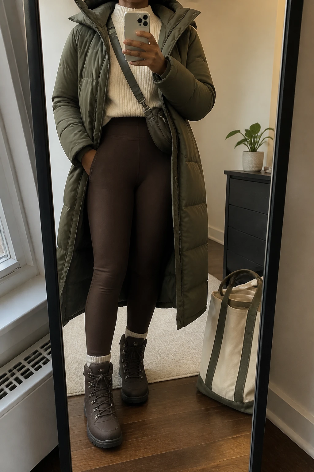 Image Prompt: Mirror selfie of a black woman wearing a long olive green insulated hooded winter parka over an ivory chunky ribbed mock-neck sweater, chocolate brown high-waisted fleece-lined leggings, dark brown waterproof insulated lace-up winter boots with flat rubber lug soles, and a small dark olive nylon crossbody bag, holding a phone in front of a full-length mirror, cropped at the NECK so the face does not show, with a relaxed casual selfie pose, in a stylish city apartment, soft natural window light, a tote bag resting on the floor and a small plant on a dresser, realistic olive parka fabric, natural chunky sweater texture and practical winter clothing proportions, latest iPhone photo quality, no additional clothing or accessories.