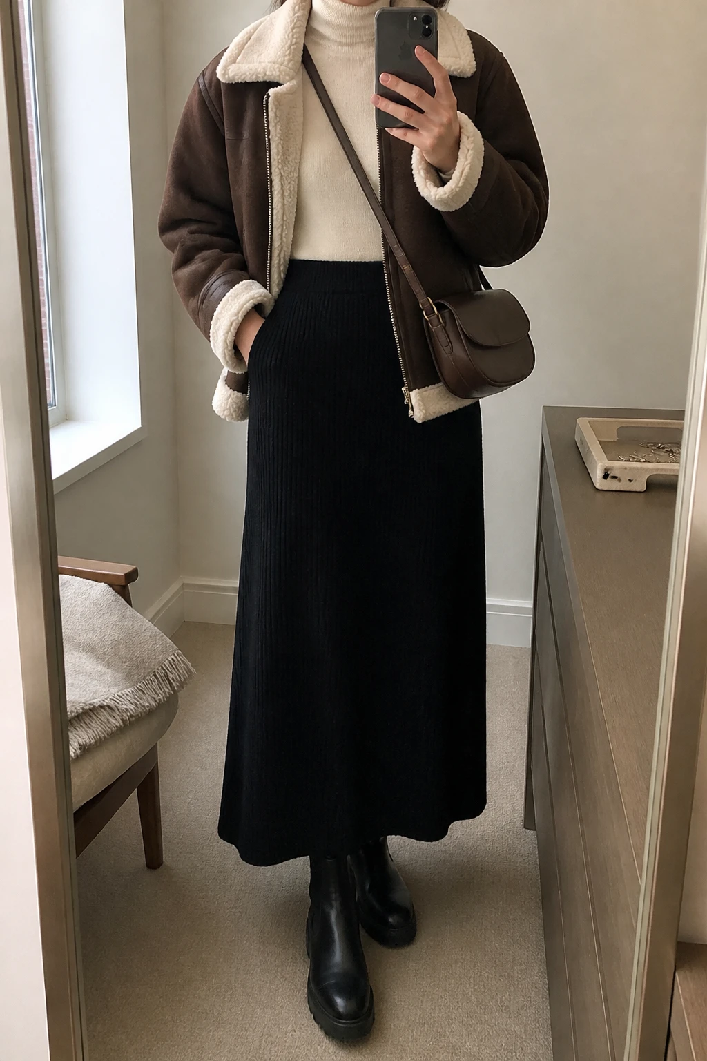Image Prompt: Mirror selfie of a woman wearing a chocolate brown faux-suede shearling-lined jacket with a cream fleece collar over an ivory fitted merino wool turtleneck sweater, a black high-waisted A-line ribbed knit maxi skirt, black leather chunky flat ankle boots, and a small dark brown leather crossbody bag, holding a phone in front of a mirror, cropped at the NECK so the face does not show, with a relaxed casual selfie pose, in a minimal dressing room, soft natural window light, a folded blanket on a chair and a jewelry tray on the vanity, realistic brown faux-suede texture, natural cream shearling details, soft black ribbed skirt folds, latest iPhone photo quality, no additional clothing or accessories.