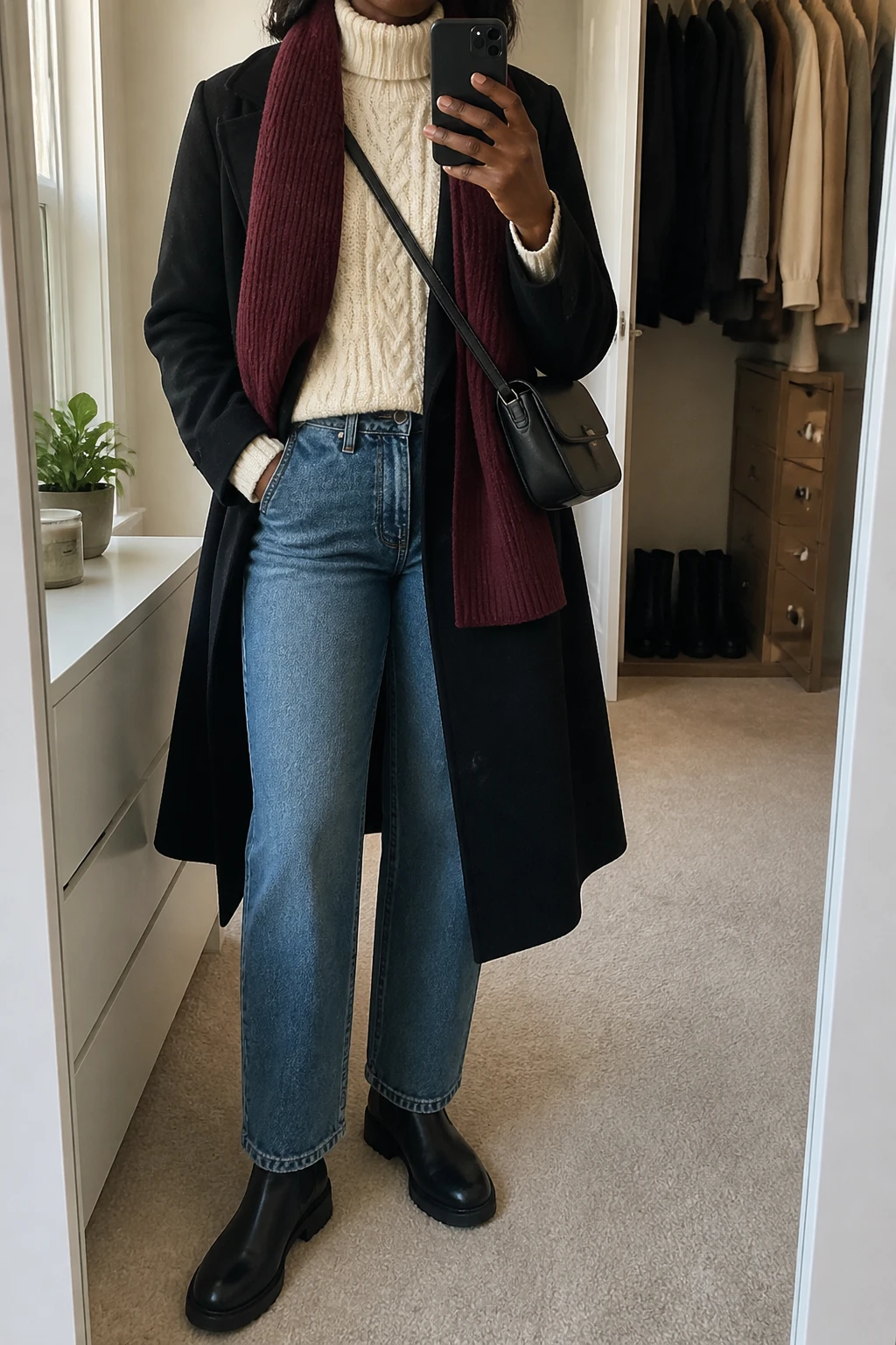 Image Prompt: Mirror selfie of a black woman wearing a long black tailored wool coat over a cream chunky cable-knit turtleneck sweater, medium-wash blue high-waisted straight-leg jeans, black leather flat Chelsea boots with thick rubber soles, a small black leather crossbody bag, and a burgundy ribbed wool scarf, holding a phone in front of a mirror, cropped at the NECK so the face does not show, with a relaxed casual selfie pose, in a walk-in closet mirror, soft natural window light, an open closet with clothes visible and a small plant on a dresser, realistic cream knit texture, natural black wool coat drape and slightly imperfect denim folds, latest iPhone photo quality, no additional clothing or accessories.