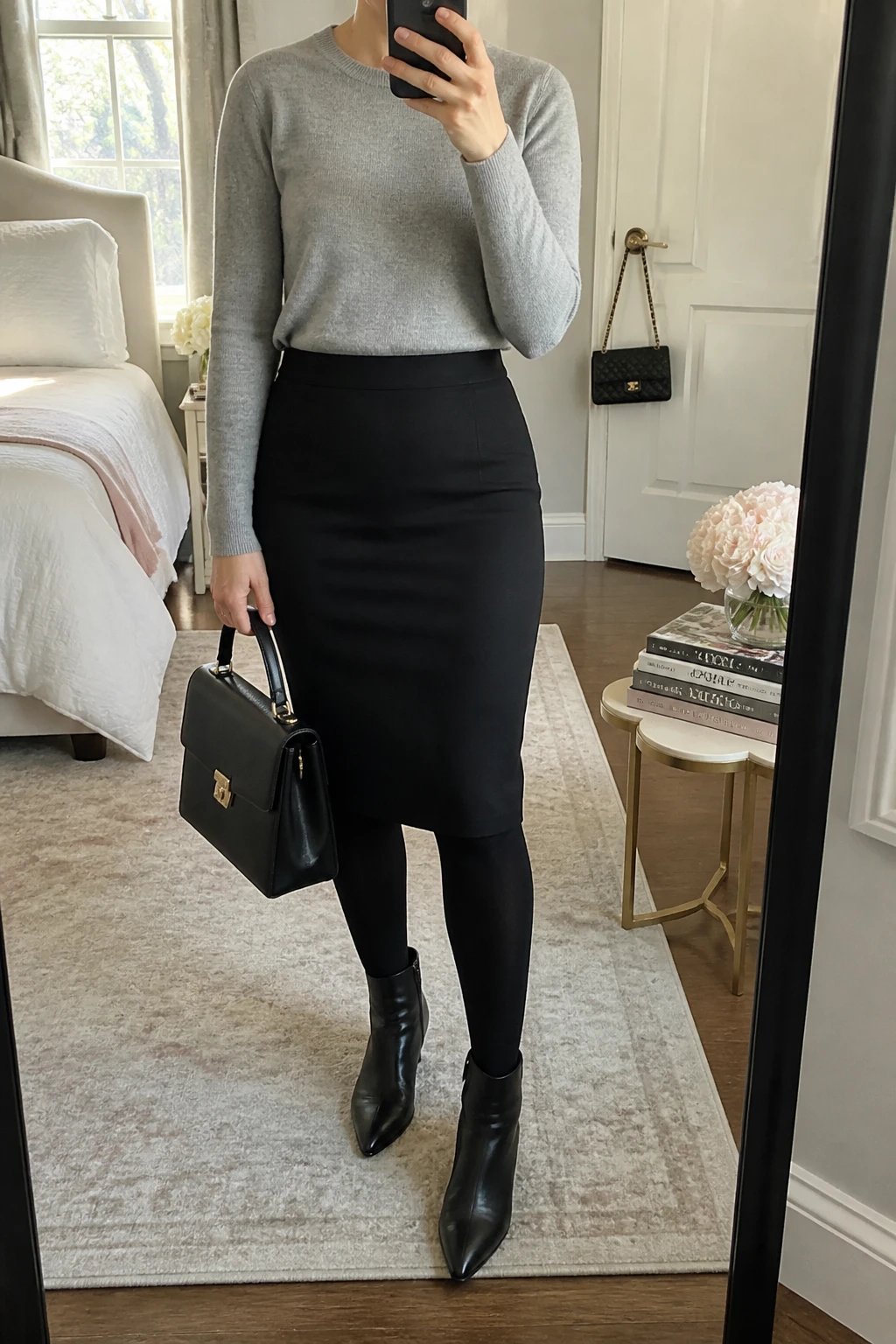 Image Prompt: Mirror selfie of a woman wearing a heather grey fitted cashmere crewneck sweater tucked into a black high-waisted wool-blend pencil midi skirt, black opaque thermal tights, black leather pointed-toe ankle boots with low block heels, and a structured black leather top-handle work bag, holding a phone in front of a mirror, cropped at the NECK so the face does not show, with a relaxed casual selfie pose, in a feminine-themed bedroom, soft natural window light, a handbag hanging on a door handle and a stack of fashion magazines on a side table, realistic pencil skirt fit and natural cashmere texture, latest iPhone photo quality, no additional clothing or accessories.