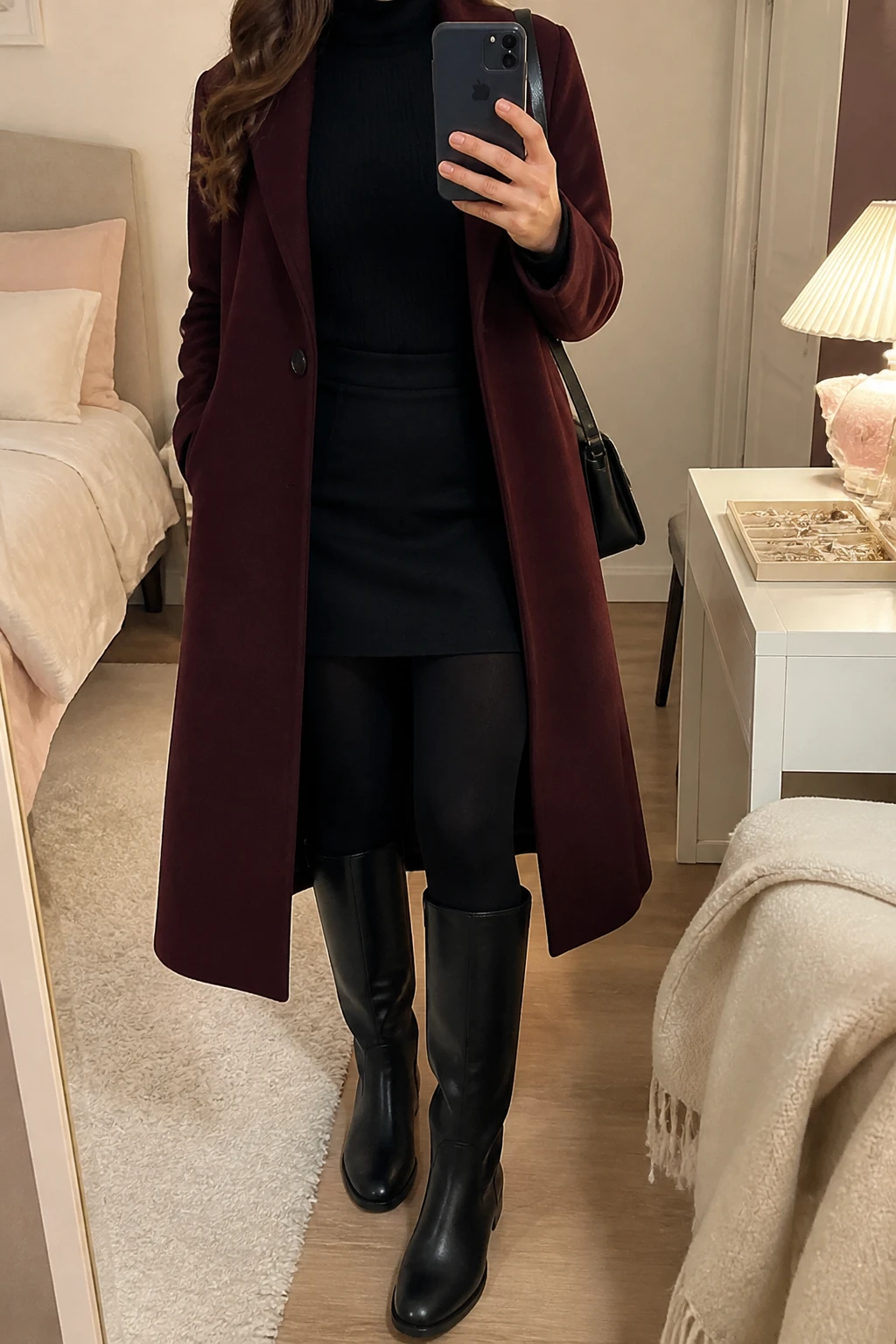 Image Prompt: Mirror selfie of a woman wearing a long burgundy tailored wool coat open over a black fitted ribbed turtleneck sweater, a black wool-blend mini skirt, black opaque fleece-lined thermal tights, black leather knee-high flat boots, and a small black structured shoulder bag, holding a phone in front of a mirror, cropped at the NECK so the face does not show, with a relaxed casual selfie pose, in a feminine-themed bedroom, warm soft indoor lighting, a jewelry tray on the vanity and a folded blanket on a chair, realistic burgundy wool texture, natural black fabric folds and casual winter proportions, latest iPhone photo quality, no additional clothing or accessories.