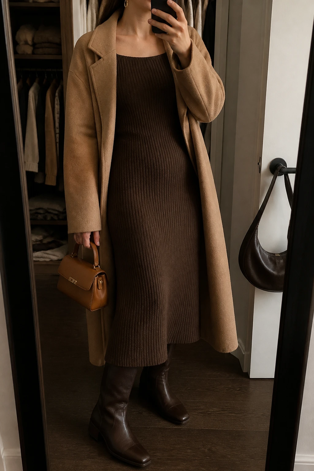 Image Prompt: Mirror selfie of a woman wearing a chocolate brown long-sleeve ribbed knit midi dress with a softly fitted waist and modest square neckline, a long camel wool wrap coat worn open, dark brown leather knee-high boots with low block heels, a small caramel leather top-handle bag, and delicate gold oval earrings, holding a phone in front of a mirror, cropped at the NECK so the face does not show, with a relaxed casual selfie pose, in a walk-in closet mirror, warm moody lighting, an open closet with clothes visible and a handbag hanging on a door handle, realistic chocolate brown knit texture and natural camel wool folds, latest iPhone photo quality, no additional clothing or accessories.