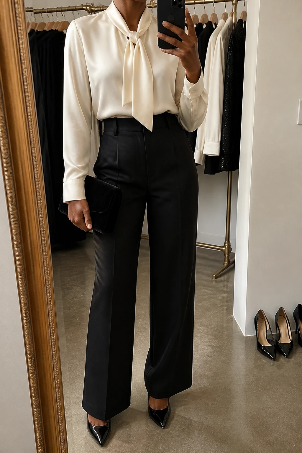 Image Prompt: Mirror selfie of a black woman wearing a cream long-sleeve satin blouse with a soft bow neckline tucked into black high-waisted wide-leg tailored trousers, black pointed-toe patent leather heels, a small black velvet evening clutch, and gold pearl-drop earrings, holding a phone in front of a mirror, cropped at the NECK so the face does not show, with a relaxed casual selfie pose, in a fashion studio mirror corner, soft warm indoor lighting, a clothing rack with garments behind and a pair of heels on the floor nearby, natural satin folds and realistic tailored fabric, latest iPhone photo quality, no additional clothing or accessories.